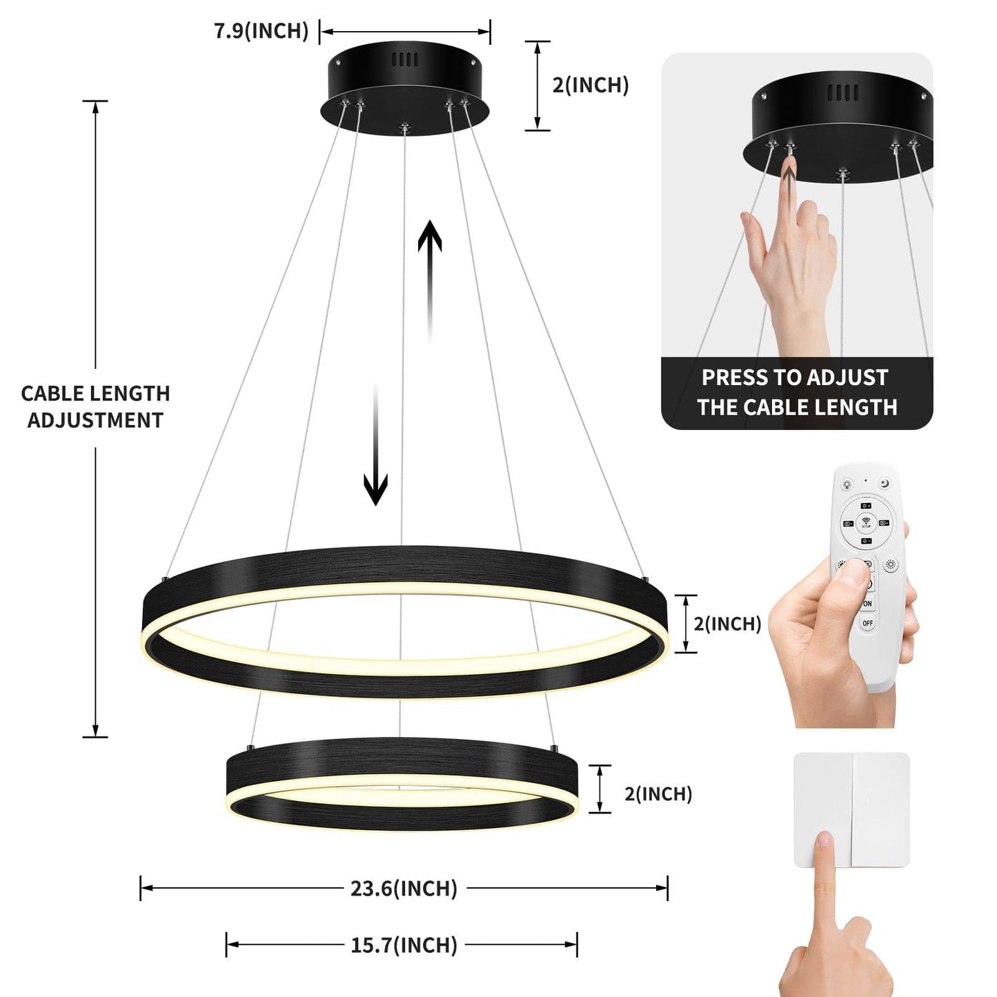 OKELI Modern LED Black Chandelier,Dimmable Circular Pendant Lights 2-Rings - okeli lights