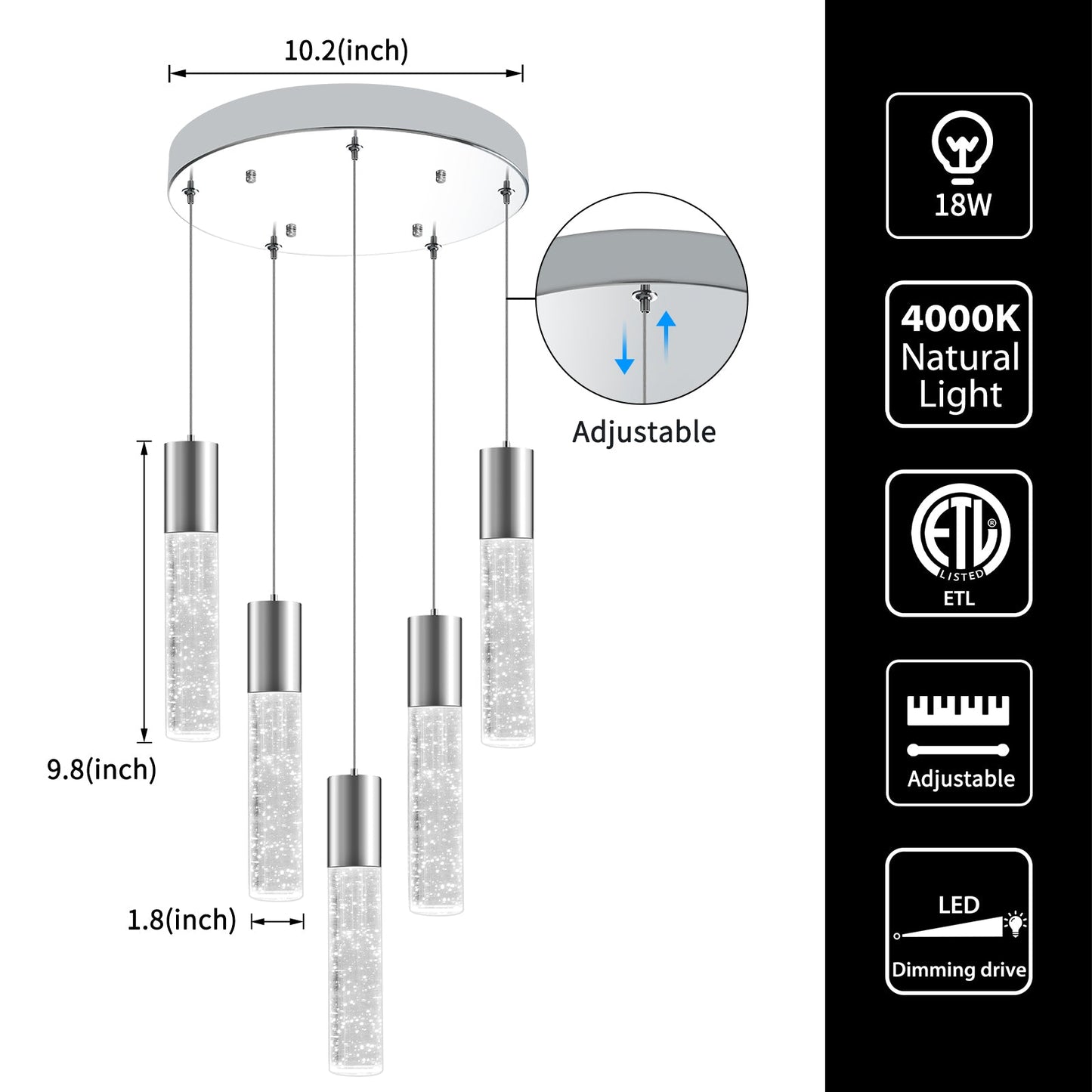 Bubble Crystal Island Pendant Light Round 5-Light Fixture Adjustable - okeli lights