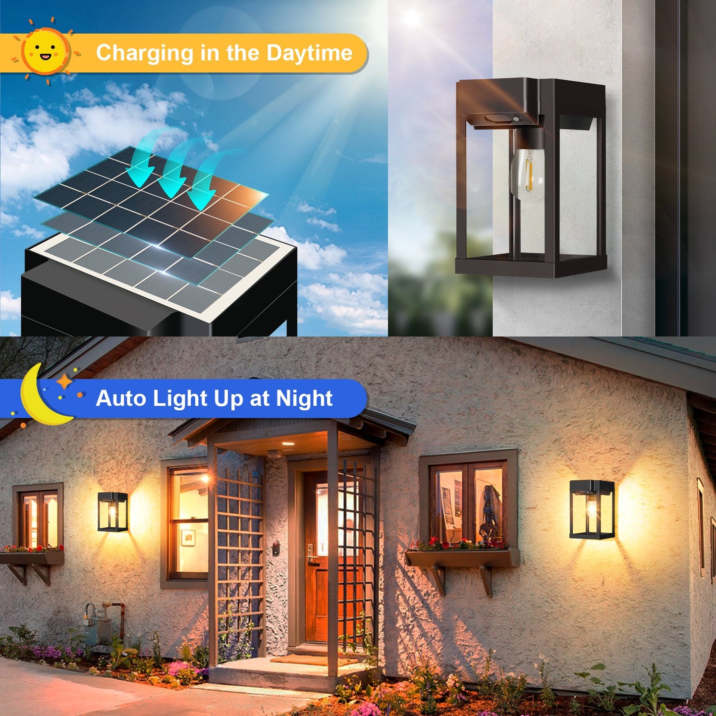 Solar Porch Lights Outdoor Dusk to Dawn Motion Sensor Wall Lanterns 2 Pack - okeli lights