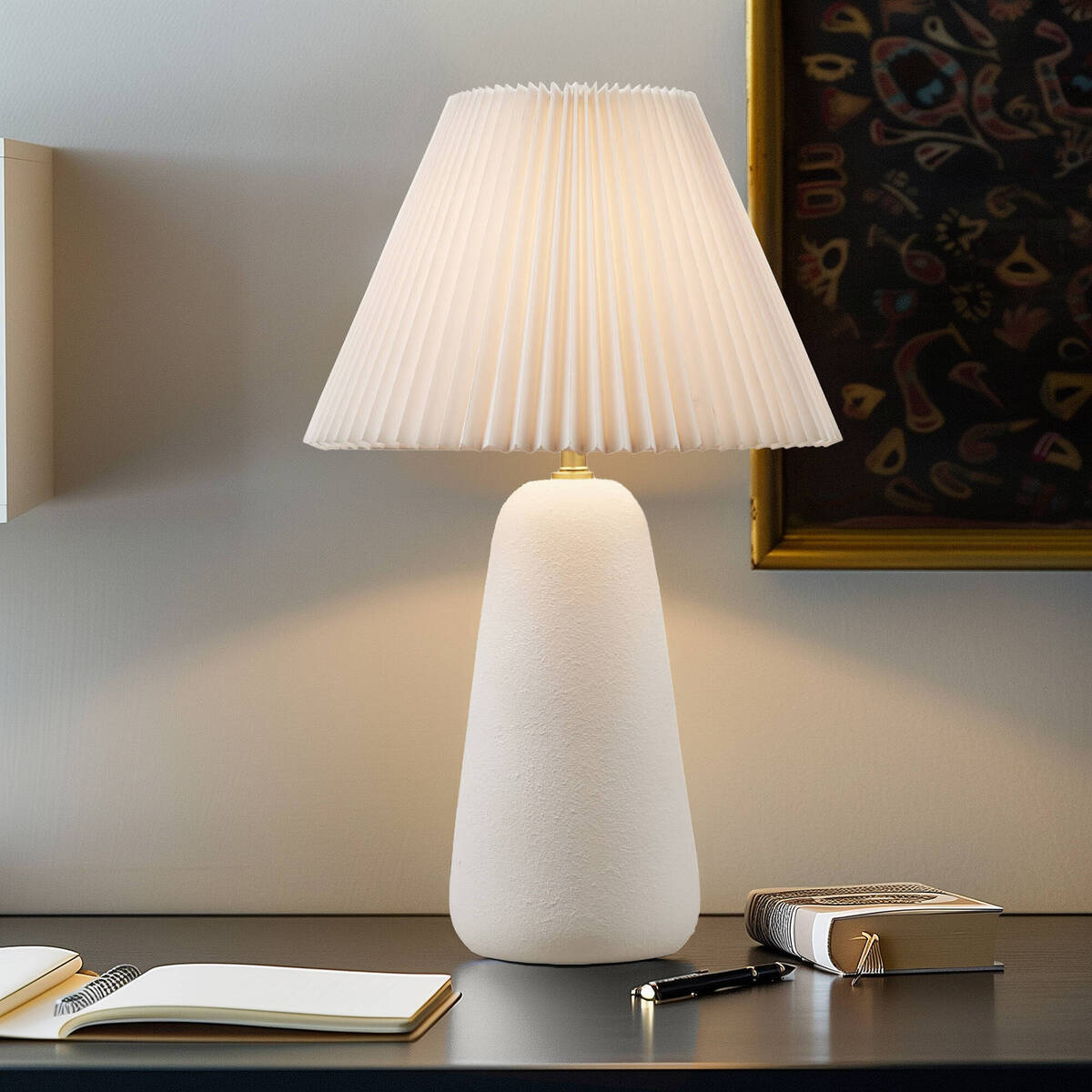 Textured Ceramic Table Lamp with Fluted Fabric Shade White - okeli lights