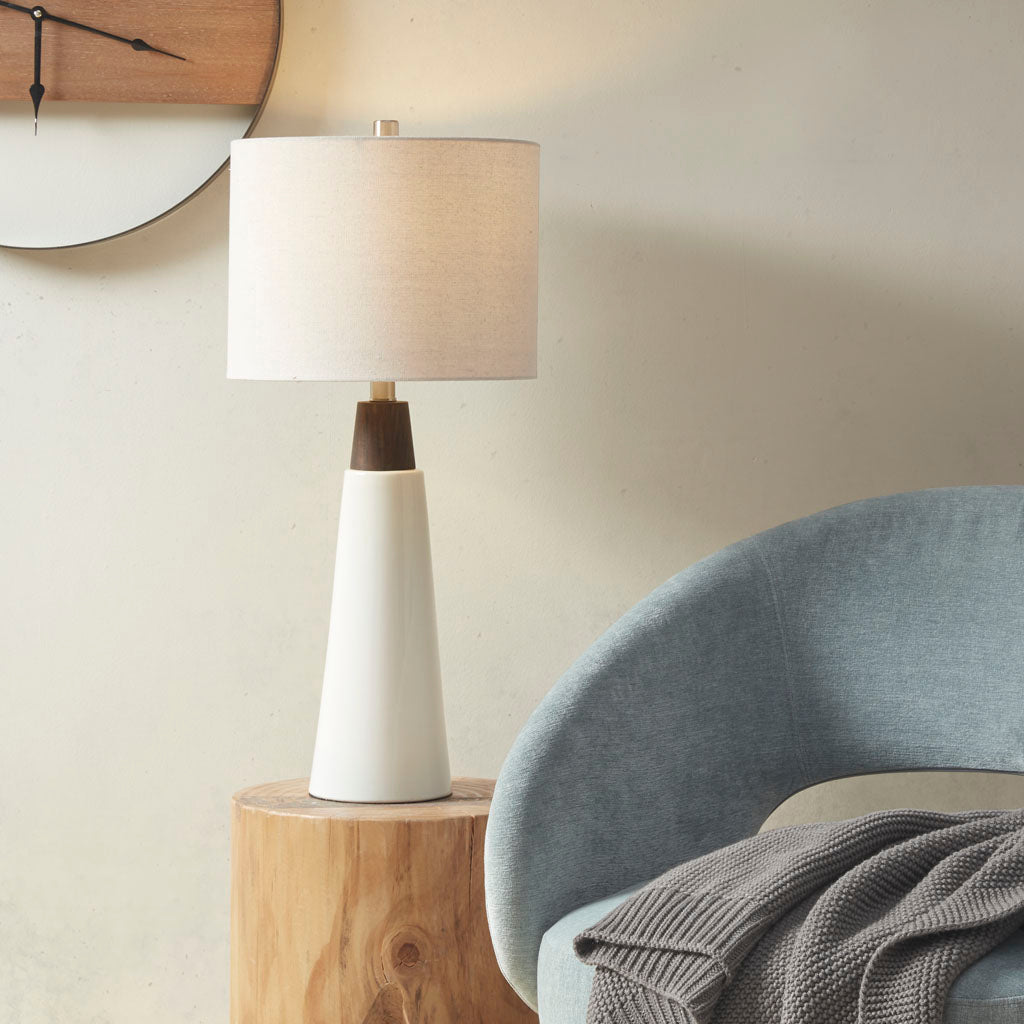 Triangular Ceramic and Wood Table Lamp Cream Brown - okeli lights