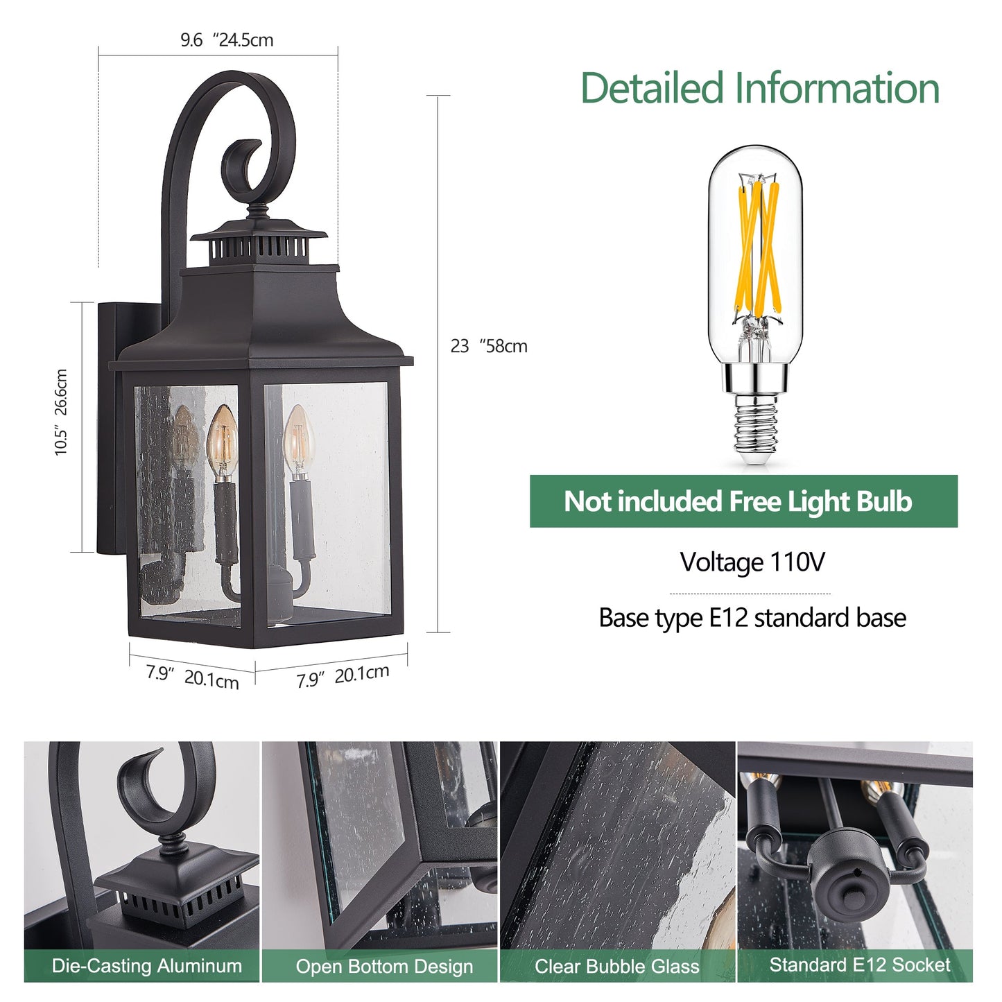 Outdoor Wall Lantern Light Vintage Black Metal Sconce with Clear Seeded Glass - okeli lights