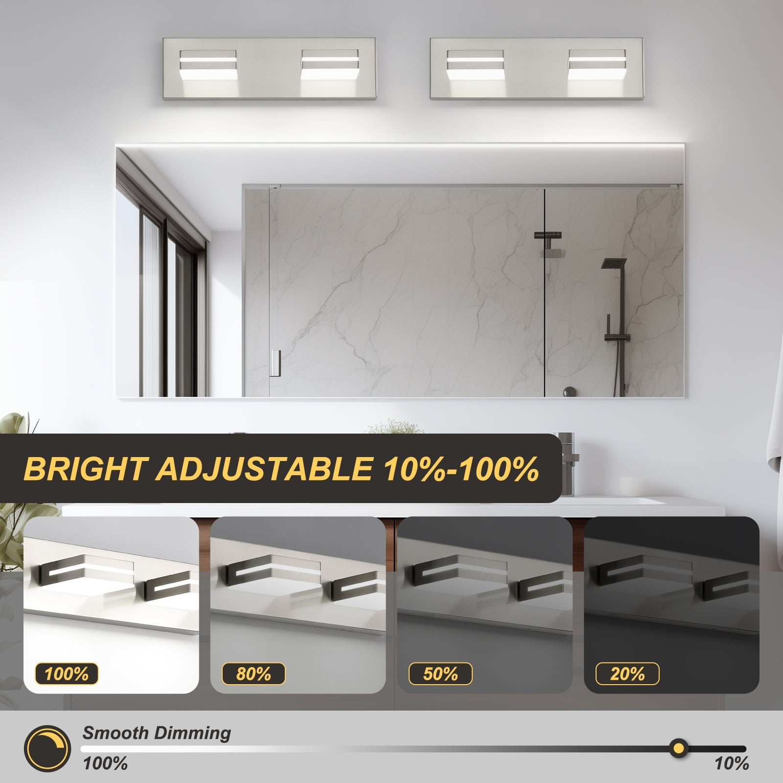 Bathroom Vanity Light Fixture 2-Light Brushed Nickel Modern Mirror Dimmable Cold White 24W ETL Listed - okeli lights