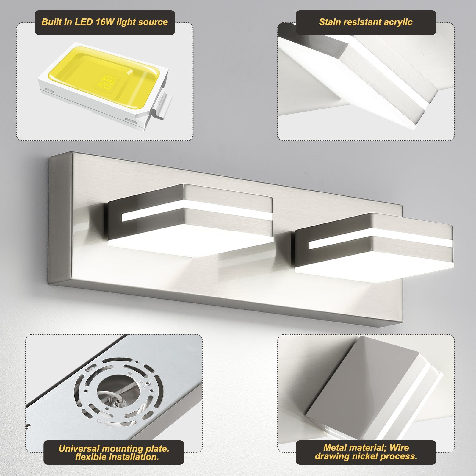 Bathroom Vanity Light Fixture 2-Light Brushed Nickel Modern Mirror Dimmable Cold White 24W ETL Listed - okeli lights