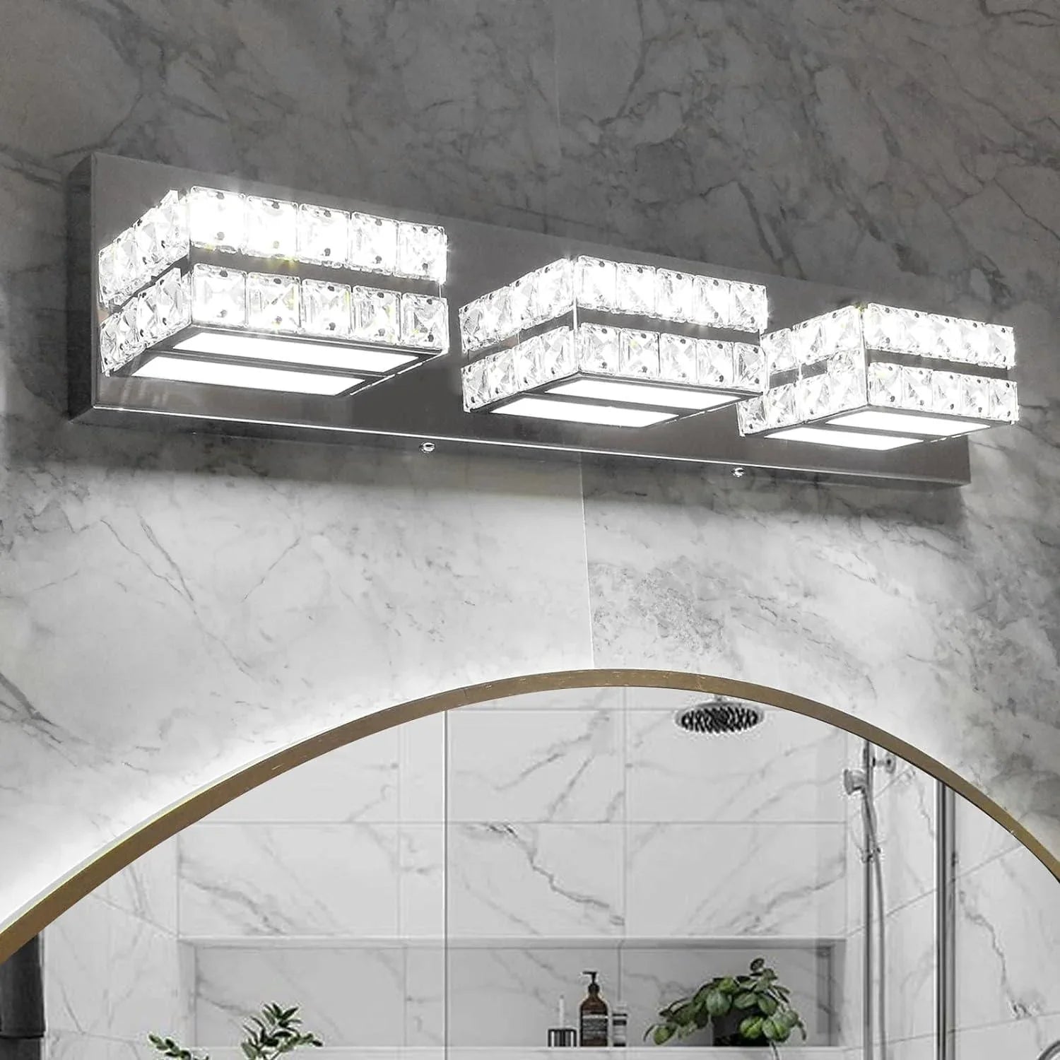 Bathroom Vanity Light Crystal Dimmable LED 3-Light Modern Chrome Fixtures - okeli lights