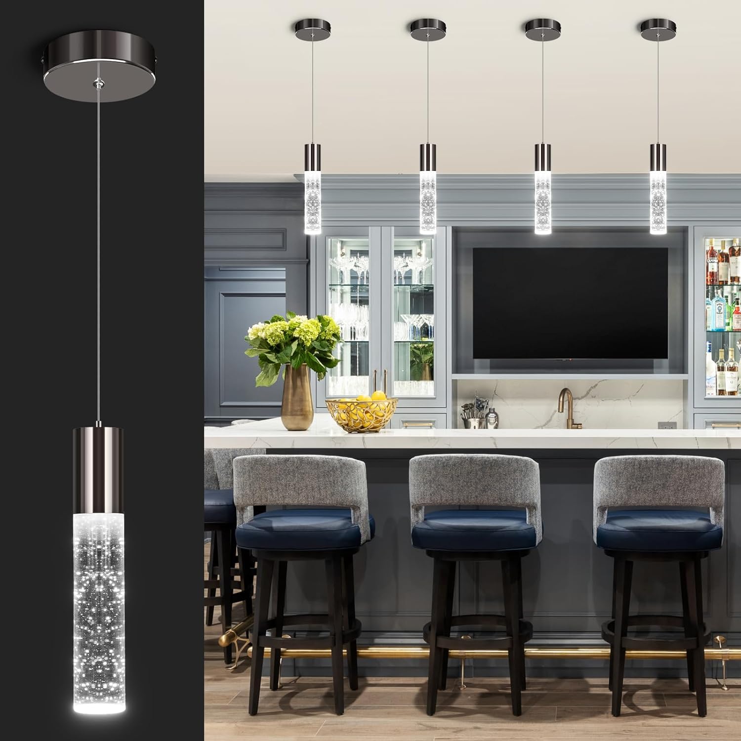 OKELI Modern Pendant Light, LED Bubble Crystal Kitchen Island Lights Fixtures, Chrome Mini Single 1-Pack - okeli lights
