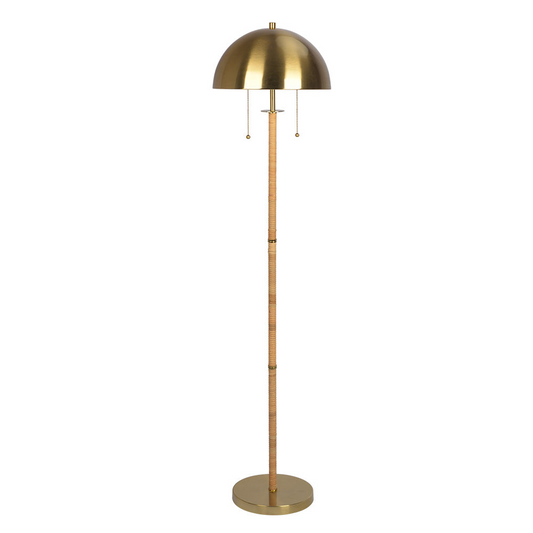 2-Light Floor Lamp Gold Brass Natural Rattan Tube Double On/Off Pull Chain - okeli lights