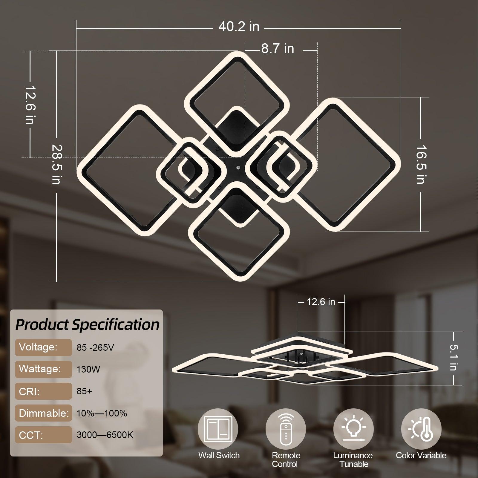 Modern Ceiling Light LED Dimmable Acrylic Square 6+1 Rings with Remote - okeli lights