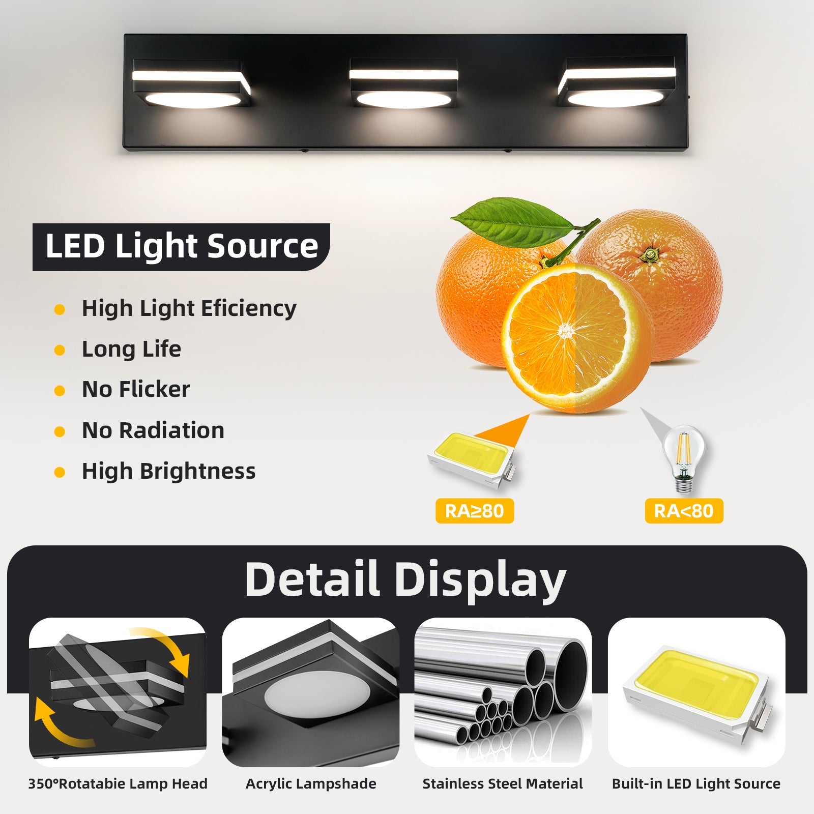 Bathroom Light Fixtures, Matte Black Vanity Light for Bathroom Modern LED Wall Lighting Fixtures Over Mirror, 2-3-4-Light, ETL Listed - okeli lights