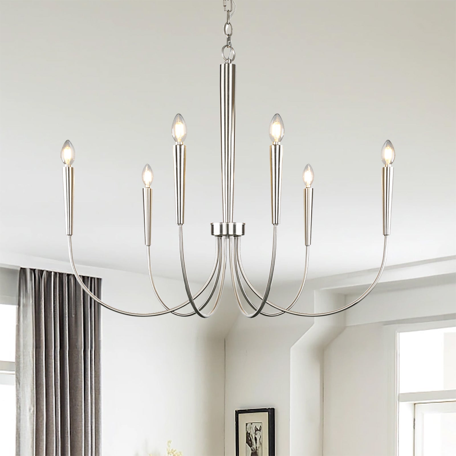 34-Inch Luxury Dimmable Brushed Nickel 6-Light Chandelier Adjustable - okeli lights
