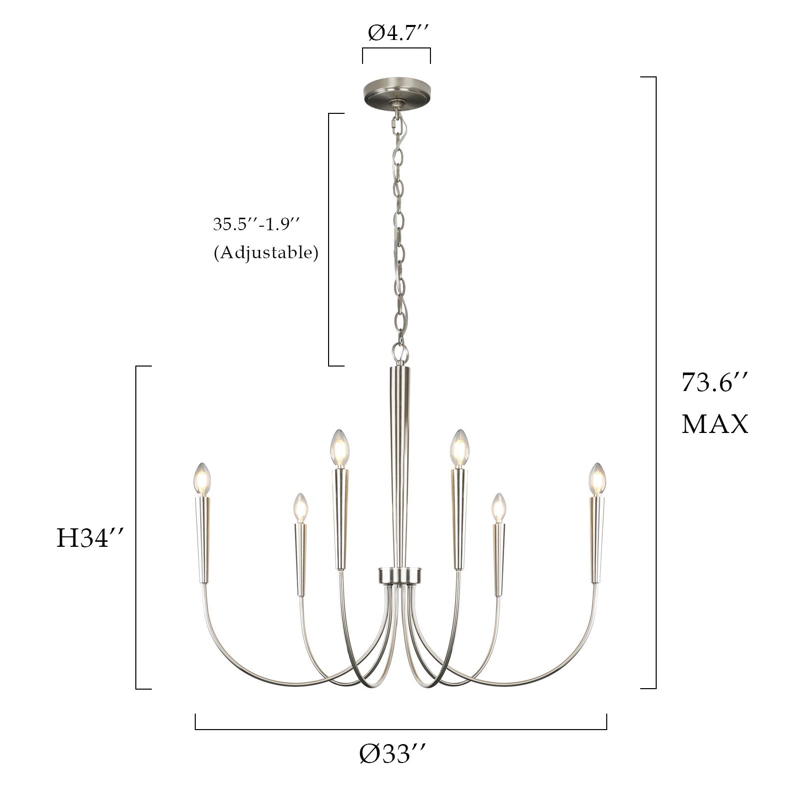 34-Inch Luxury Dimmable Brushed Nickel 6-Light Chandelier Adjustable - okeli lights