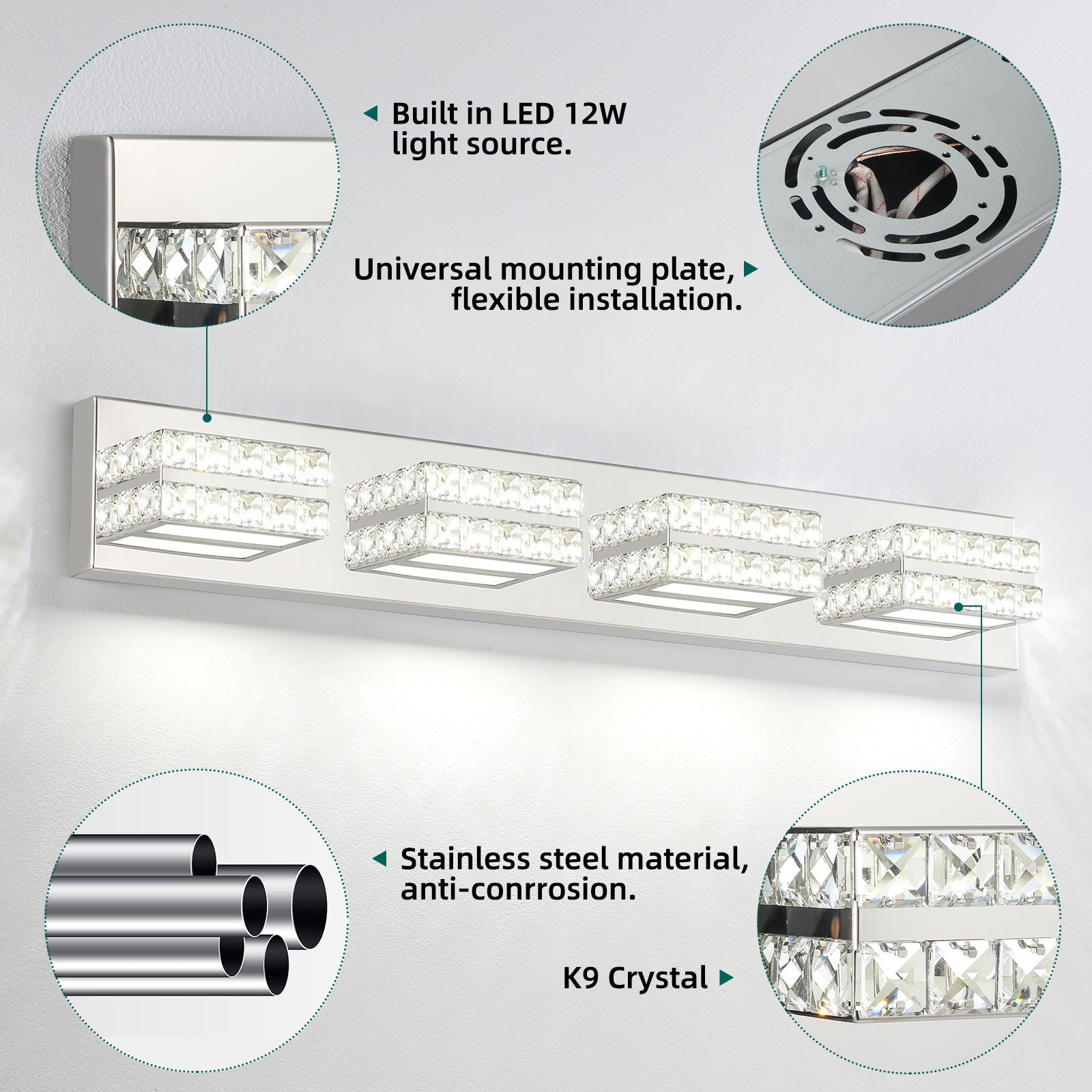 Bathroom Crystal Vanity Light Fixture LED Modern Indoor Mirror Front Lamp Dimmable 4-Lights - okeli lights