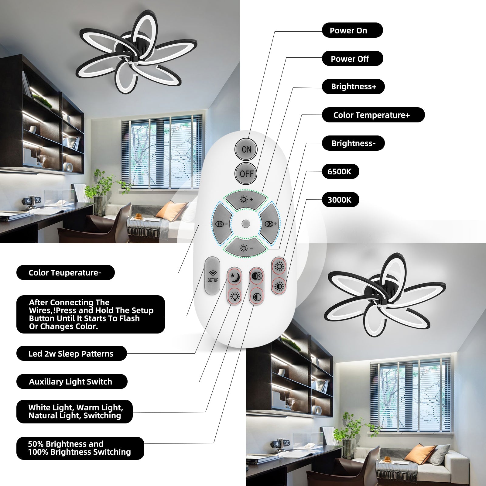 Modern LED Ceiling Light 6+1 Rings Dimmable Fixtures Flush Mount Lamp with Remote - okeli lights