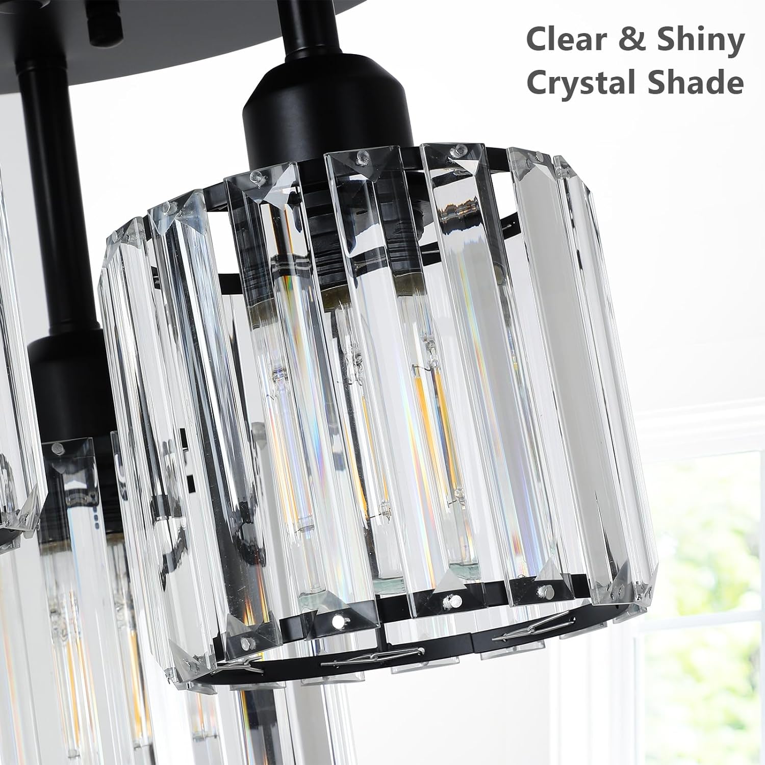 Crystal Semi Flush Mount Ceiling Light 3-Light Black Kitchen Light Fixtures with Clear Crystal Shade - okeli lights