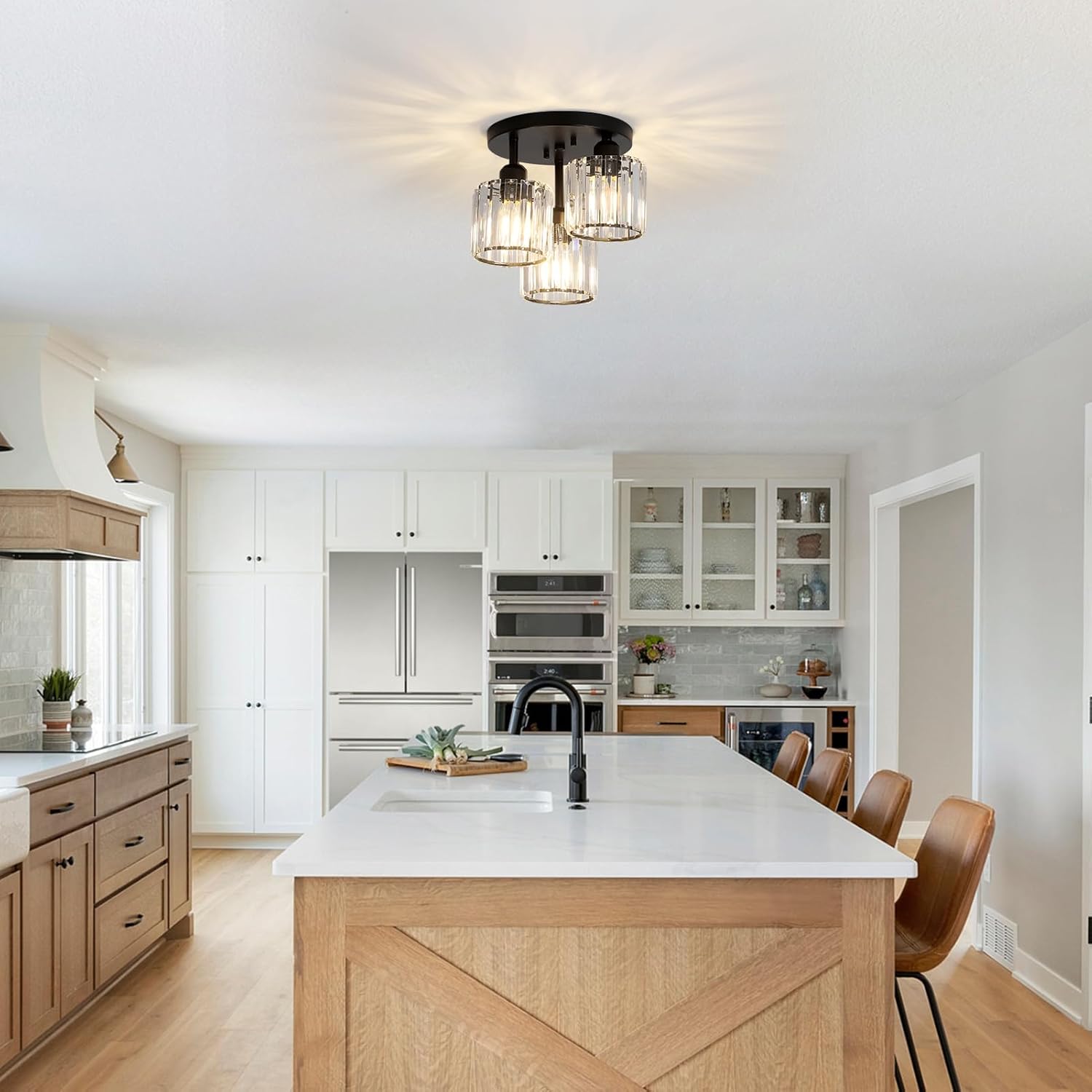 Crystal Semi Flush Mount Ceiling Light 3-Light Black Kitchen Light Fixtures with Clear Crystal Shade - okeli lights