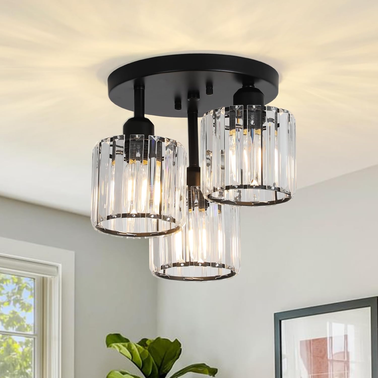 Crystal Semi Flush Mount Ceiling Light 3-Light Black Kitchen Light Fixtures with Clear Crystal Shade - okeli lights