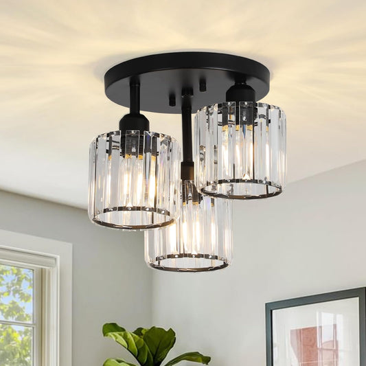 Crystal Semi Flush Mount Ceiling Light 3-Light Black Kitchen Light Fixtures with Clear Crystal Shade - okeli lights