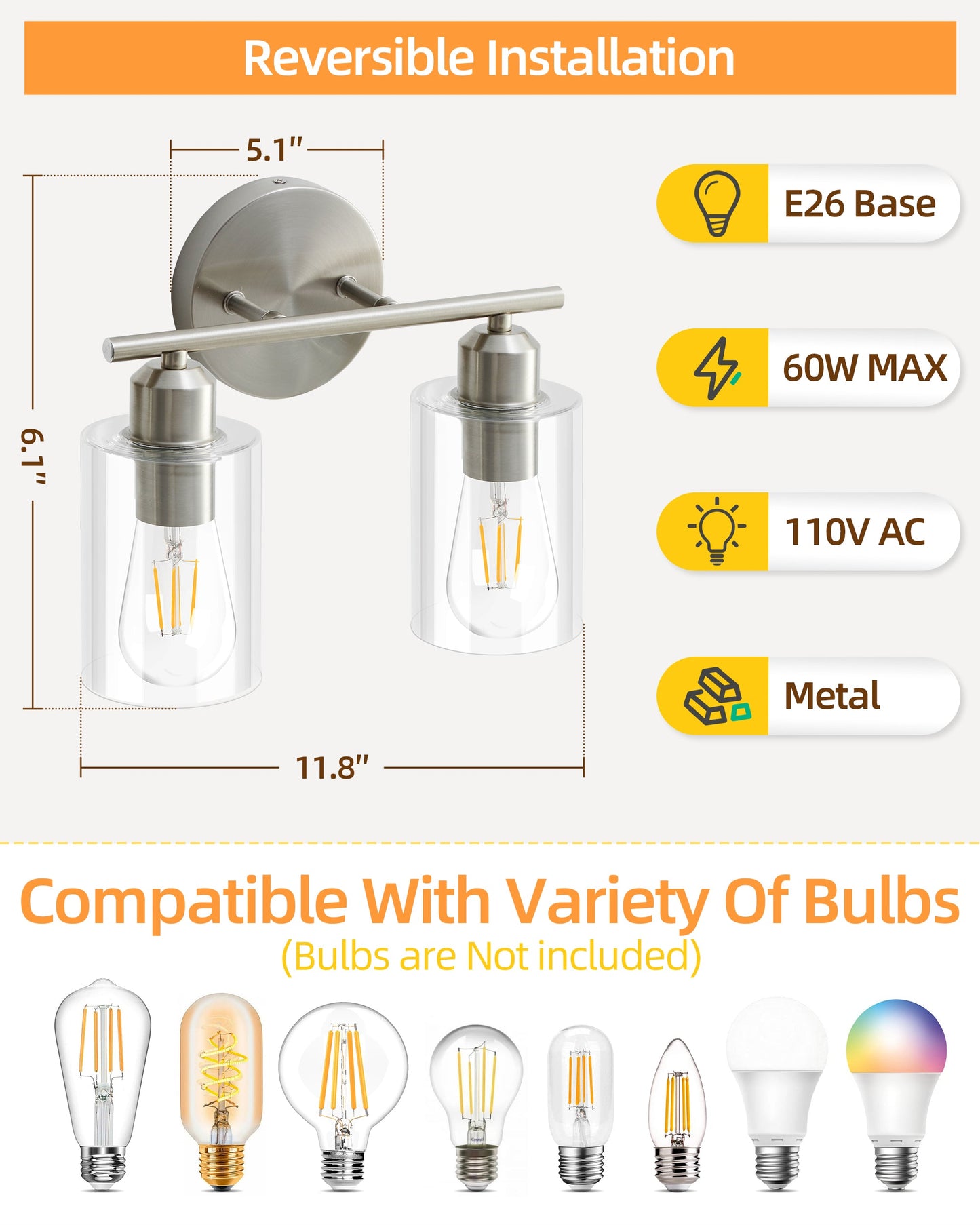 Brushed Nickel 2-Light Bathroom Vanity Light Fixture with Clear Glass Shade Silver E26 Base UL Listed - okeli lights