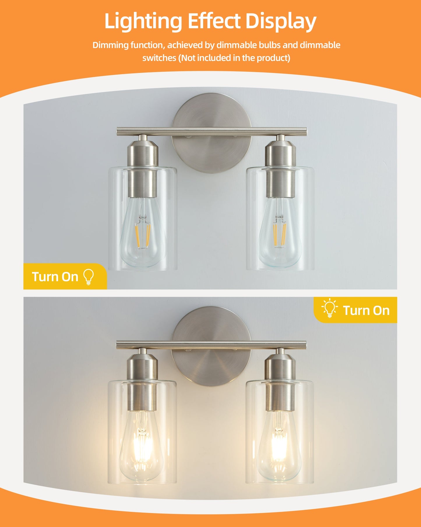 Brushed Nickel 2-Light Bathroom Vanity Light Fixture with Clear Glass Shade Silver E26 Base UL Listed - okeli lights