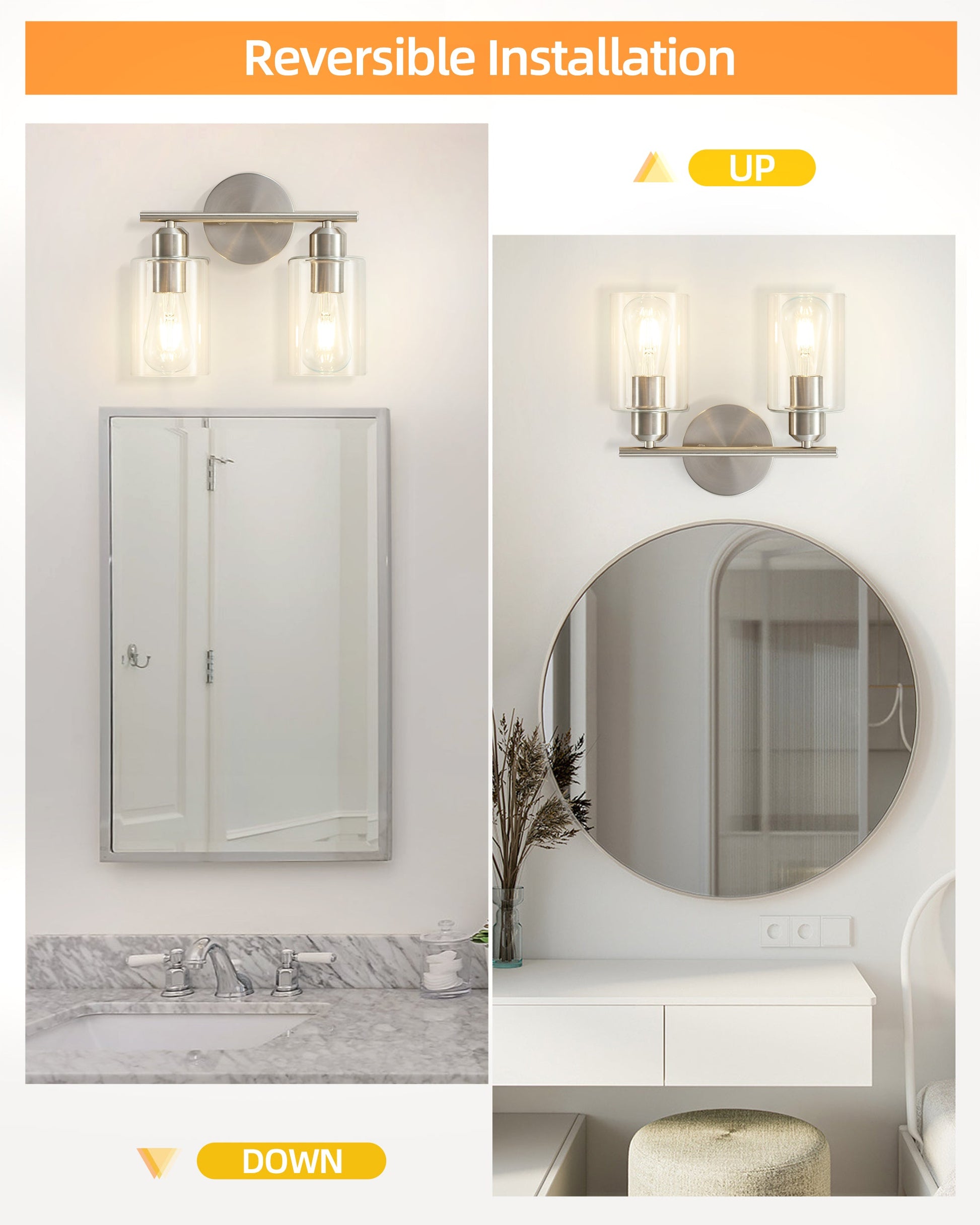 Brushed Nickel 2-Light Bathroom Vanity Light Fixture with Clear Glass Shade Silver E26 Base UL Listed - okeli lights