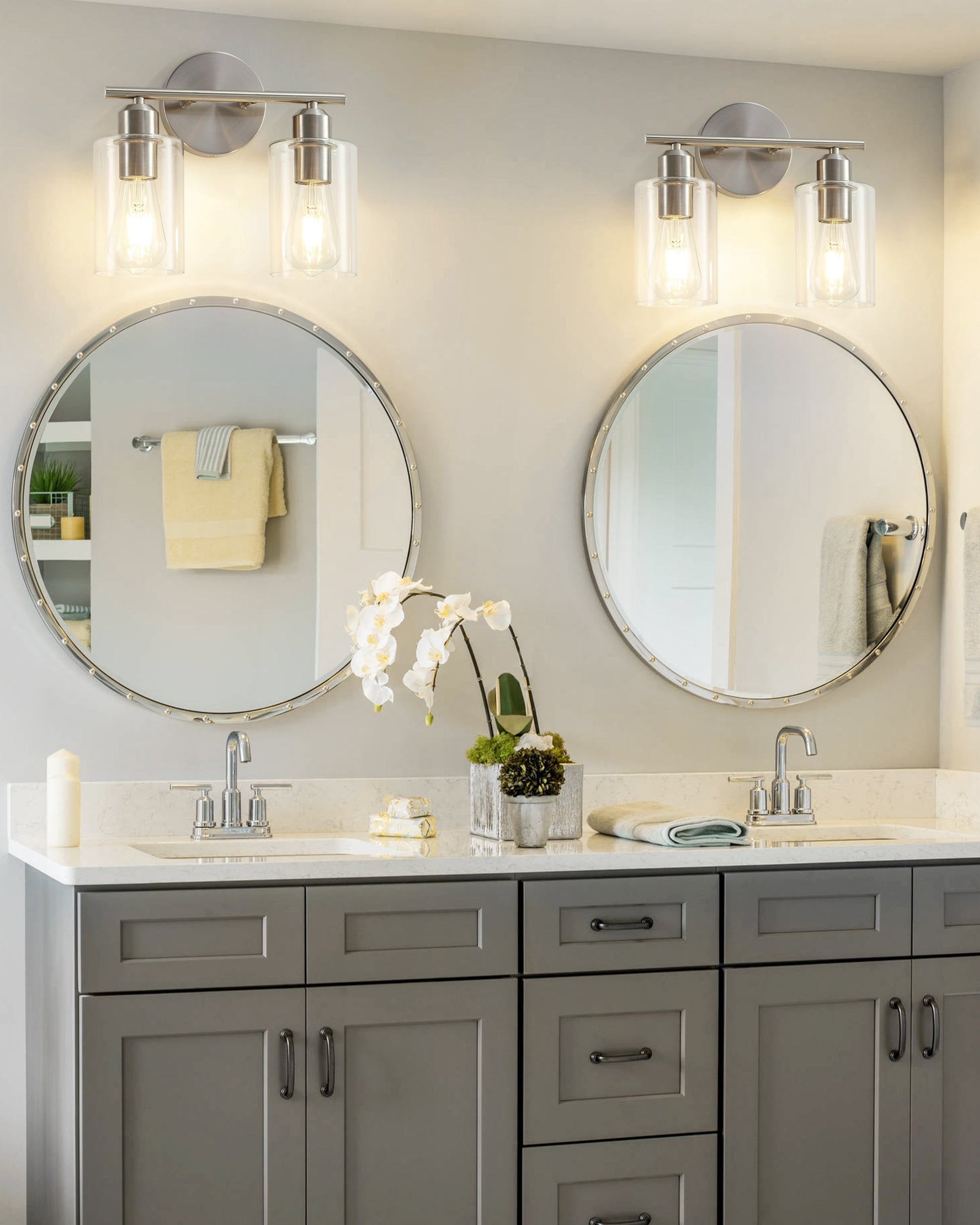Brushed Nickel 2-Light Bathroom Vanity Light Fixture with Clear Glass Shade Silver E26 Base UL Listed - okeli lights