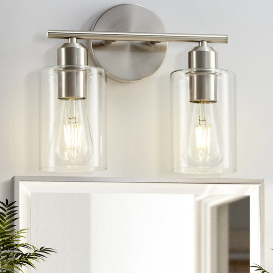 Brushed Nickel 2-Light Bathroom Vanity Light Fixture with Clear Glass Shade Silver E26 Base UL Listed - okeli lights