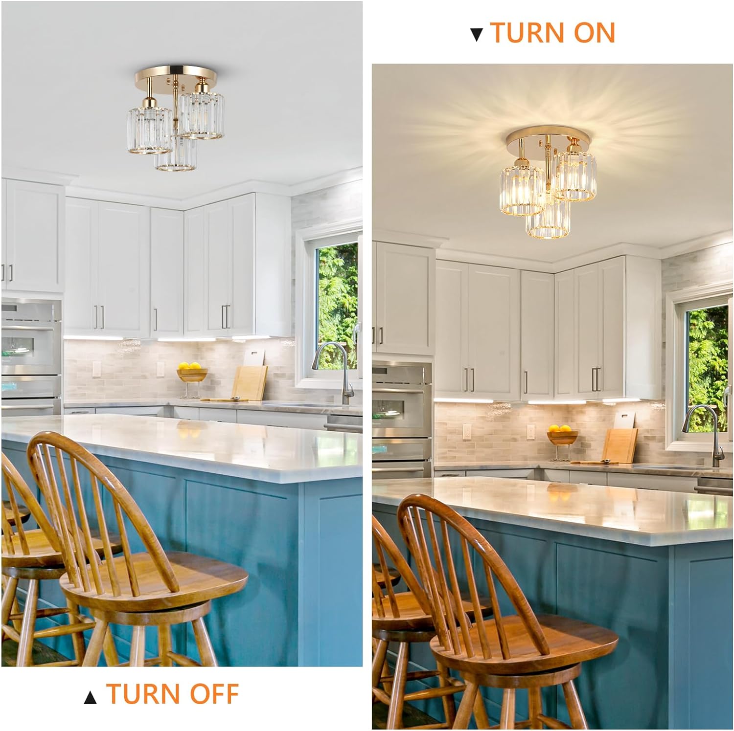 Semi Flush Mount Ceiling Light 3-Light Crystal Close to Ceiling Light Fixtures Golden - okeli lights