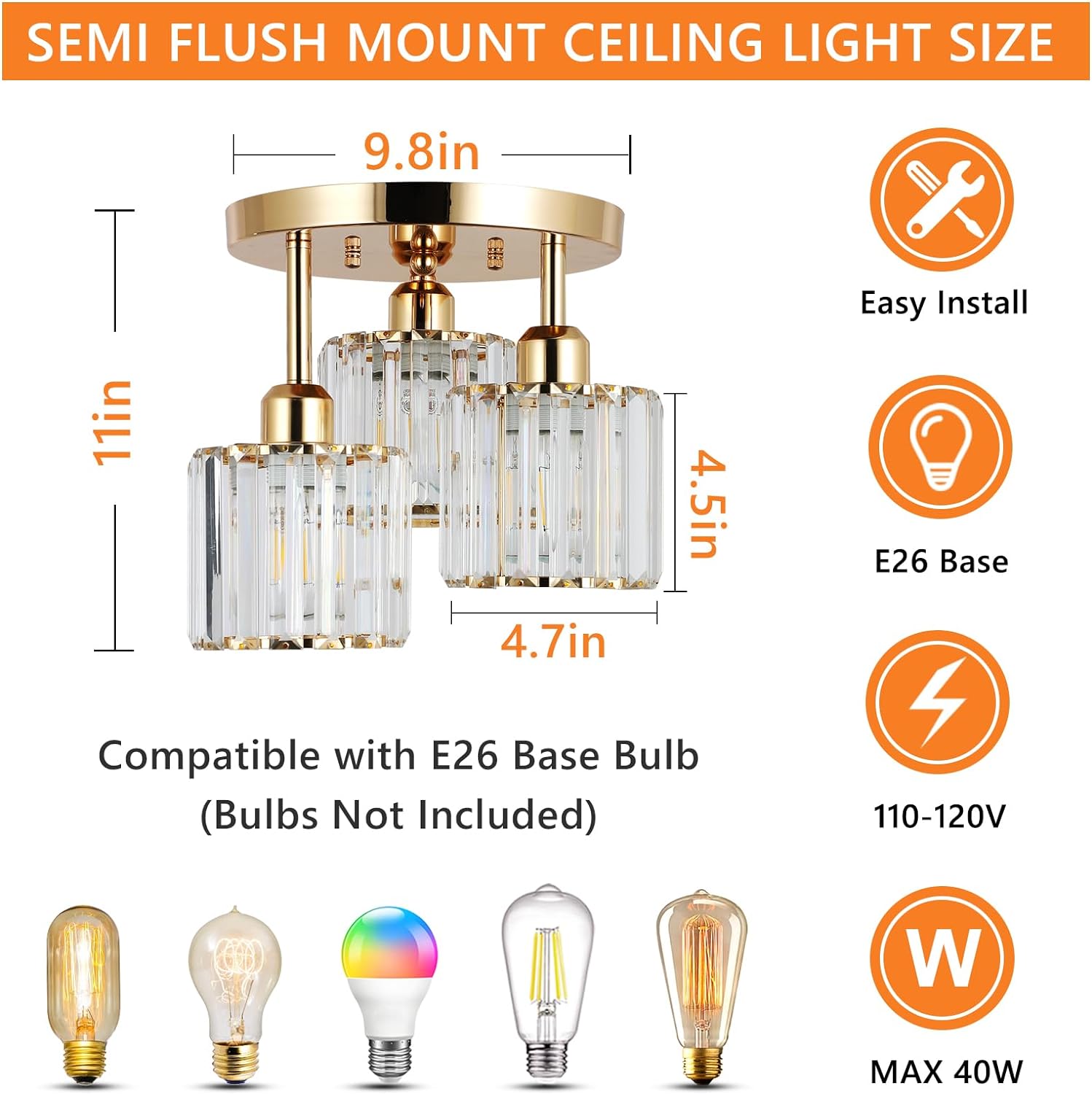 Semi Flush Mount Ceiling Light 3-Light Crystal Close to Ceiling Light Fixtures Golden - okeli lights