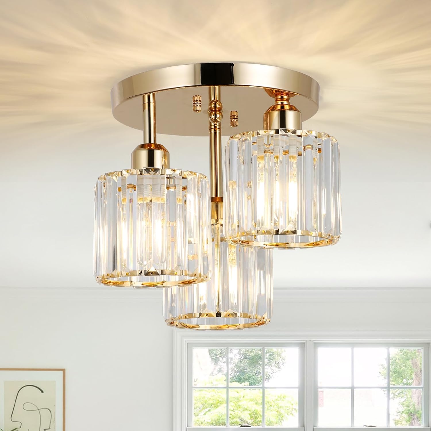 Semi Flush Mount Ceiling Light 3-Light Crystal Close to Ceiling Light Fixtures Golden - okeli lights
