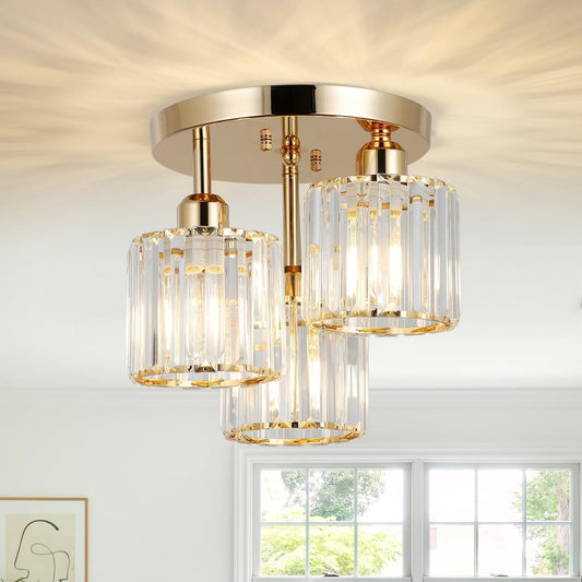 Semi Flush Mount Ceiling Light 3-Light Crystal Close to Ceiling Light Fixtures Golden - okeli lights