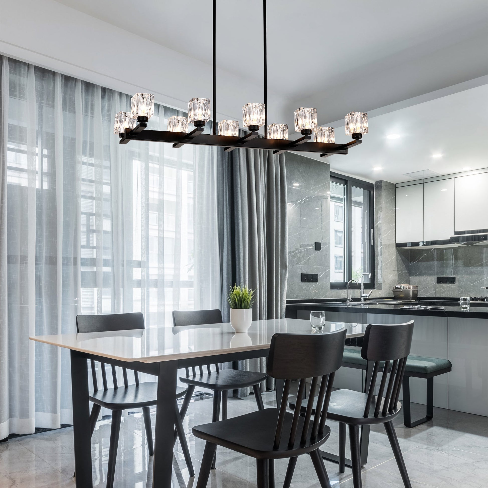 Chandelier for Dining Room, 10-Light Black Farmhouse Linear Pendant Light Fixture, Modern Crystal Hanging Lighting - okeli lights