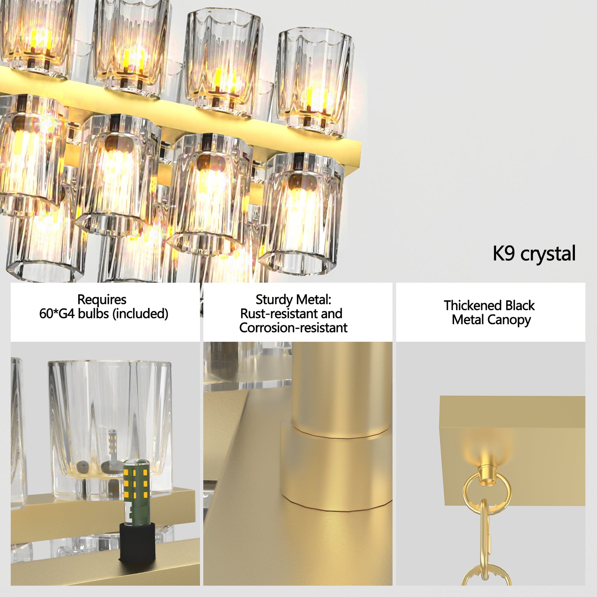 Crystal Brass Rectangle Chandeliers for Dining Room Gold Farmhouse Includes 60XG4 Bulbs - okeli lights