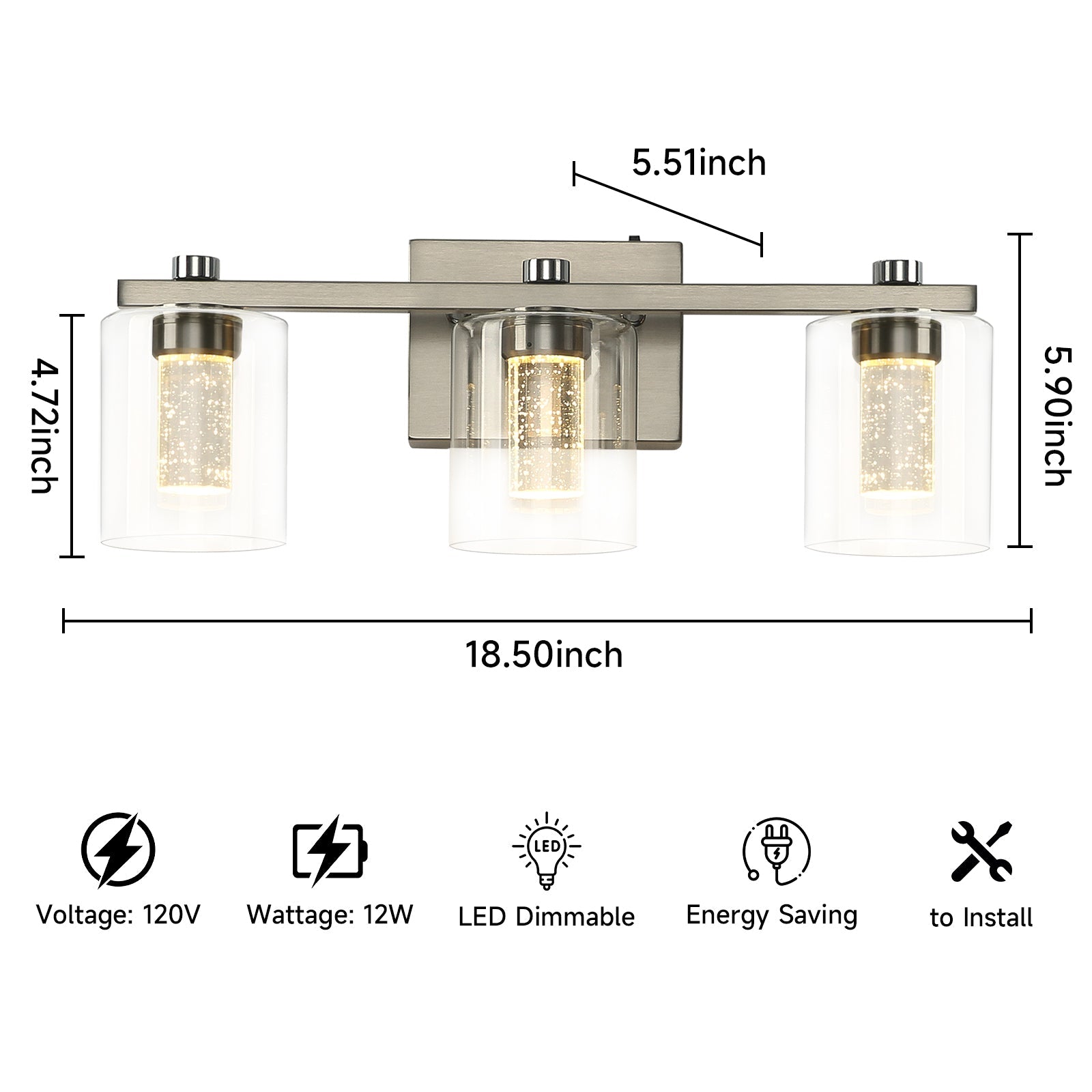 3-Light Bathroom Light Fixtures Crystal Brushed Nickel Over Mirror LED Vanity Lights Dimmable Wall Lamp - okeli lights