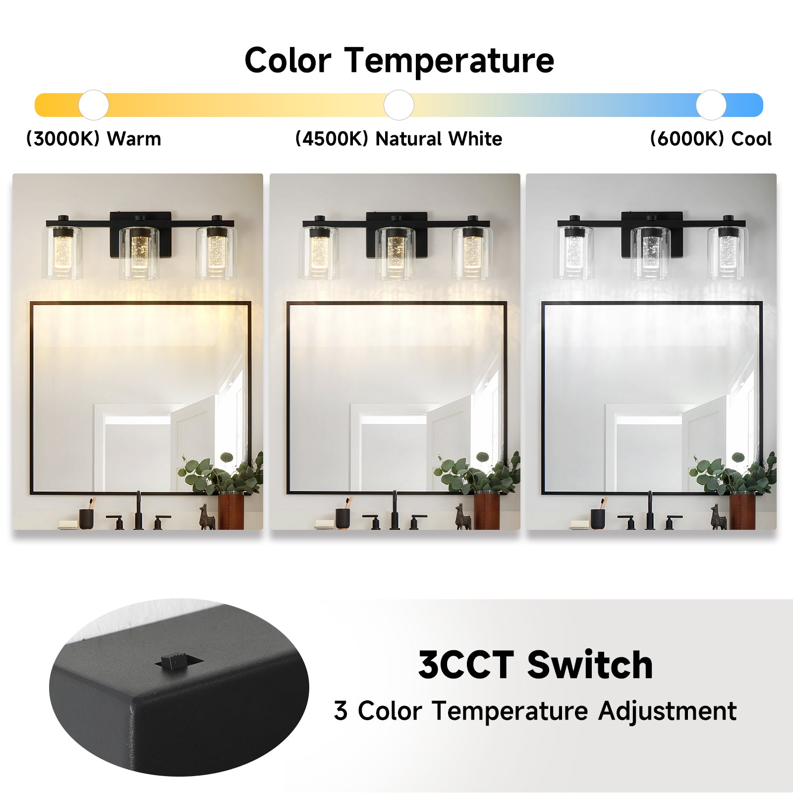 Crystal Sand Black Bathroom Vanity Lighting Fixtures Over Mirror with Glass Shade 3000-6000K LED Lights Dimmable Wall Lamp - okeli lights