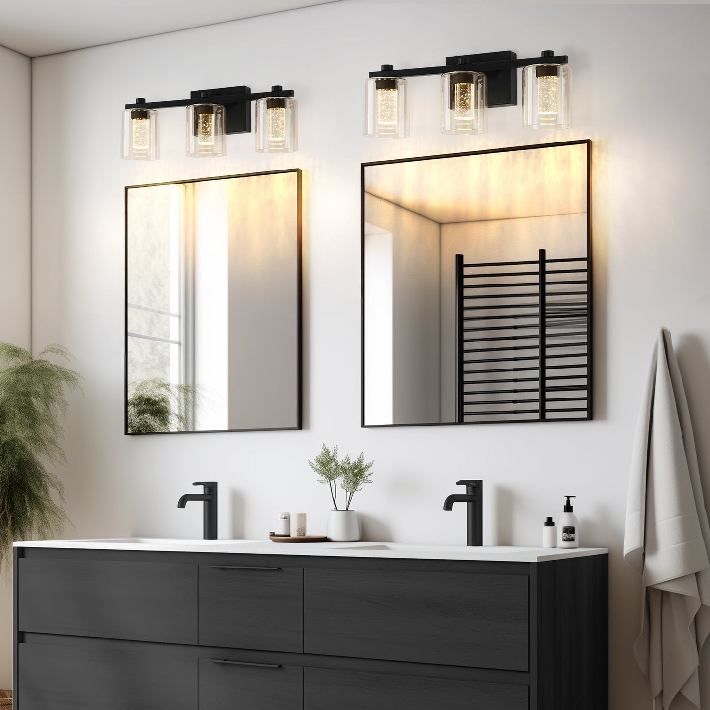 Crystal Sand Black Bathroom Vanity Lighting Fixtures Over Mirror with Glass Shade 3000-6000K LED Lights Dimmable Wall Lamp - okeli lights