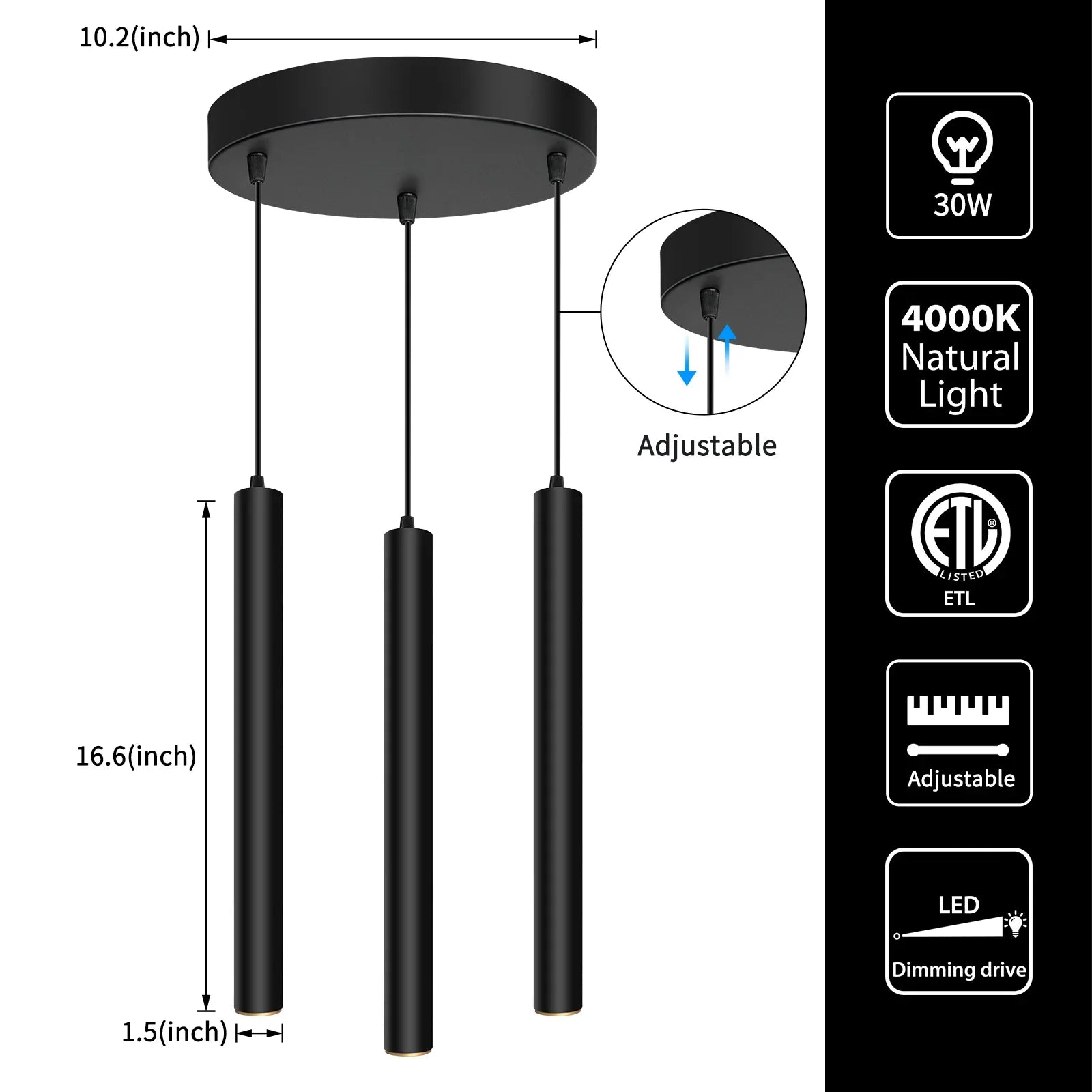 Dimmable LED Round 3-Light Pendant Light 30W 2300LM Modern Island Light Fixture - okeli lights