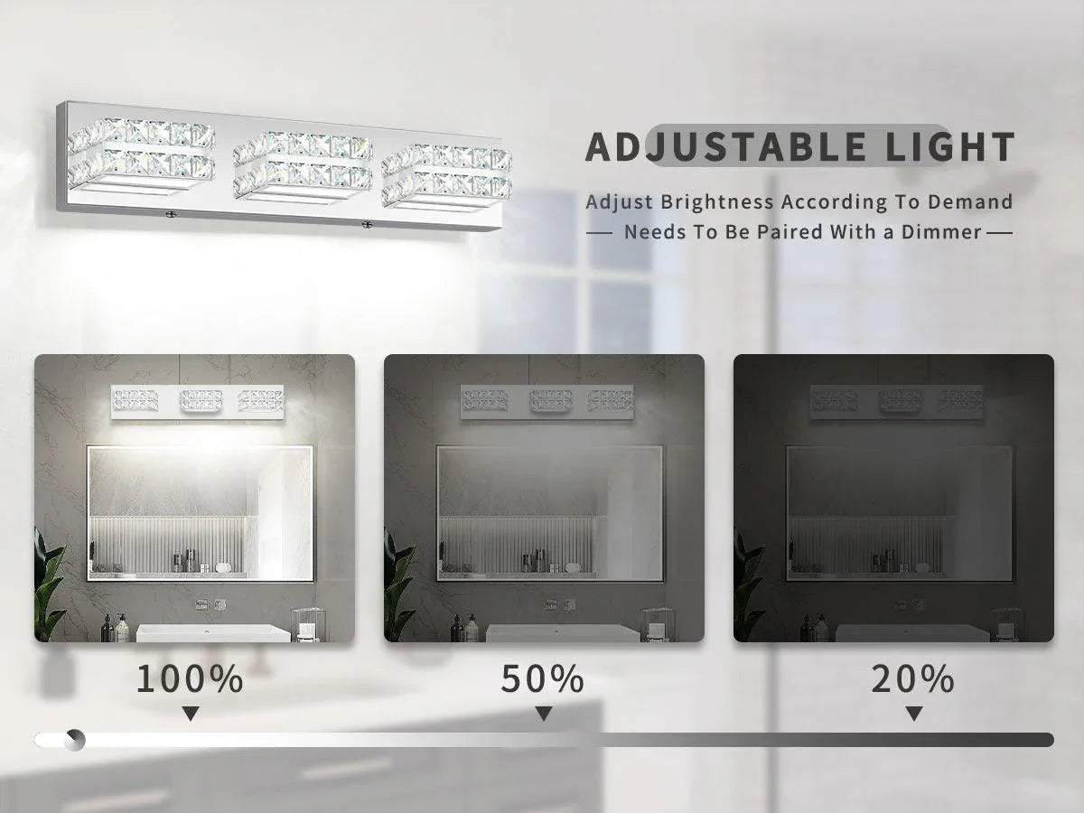 Bathroom Vanity Light Crystal Dimmable LED 3-Light Modern Chrome Fixtures - okeli lights