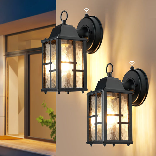 Dusk to Dawn Outdoor Wall Lights Exterior Waterproof Lantern with Water Ripple Glass Shade 2-pack - okeli lights