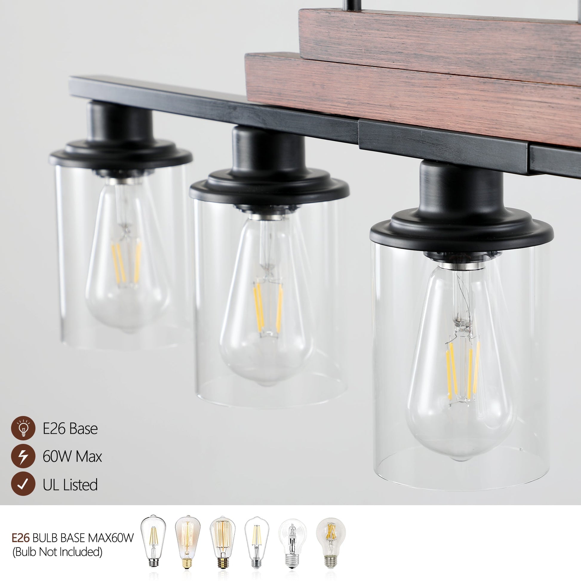 37" Farmhouse Industrial 5-Light Kitchen Island Pendant Light, Metal Wood Chandelier with Clear Glass Shades, Adjustable Height Hanging Fixture for Dining Room, Living Room, Kitchen - okeli lights