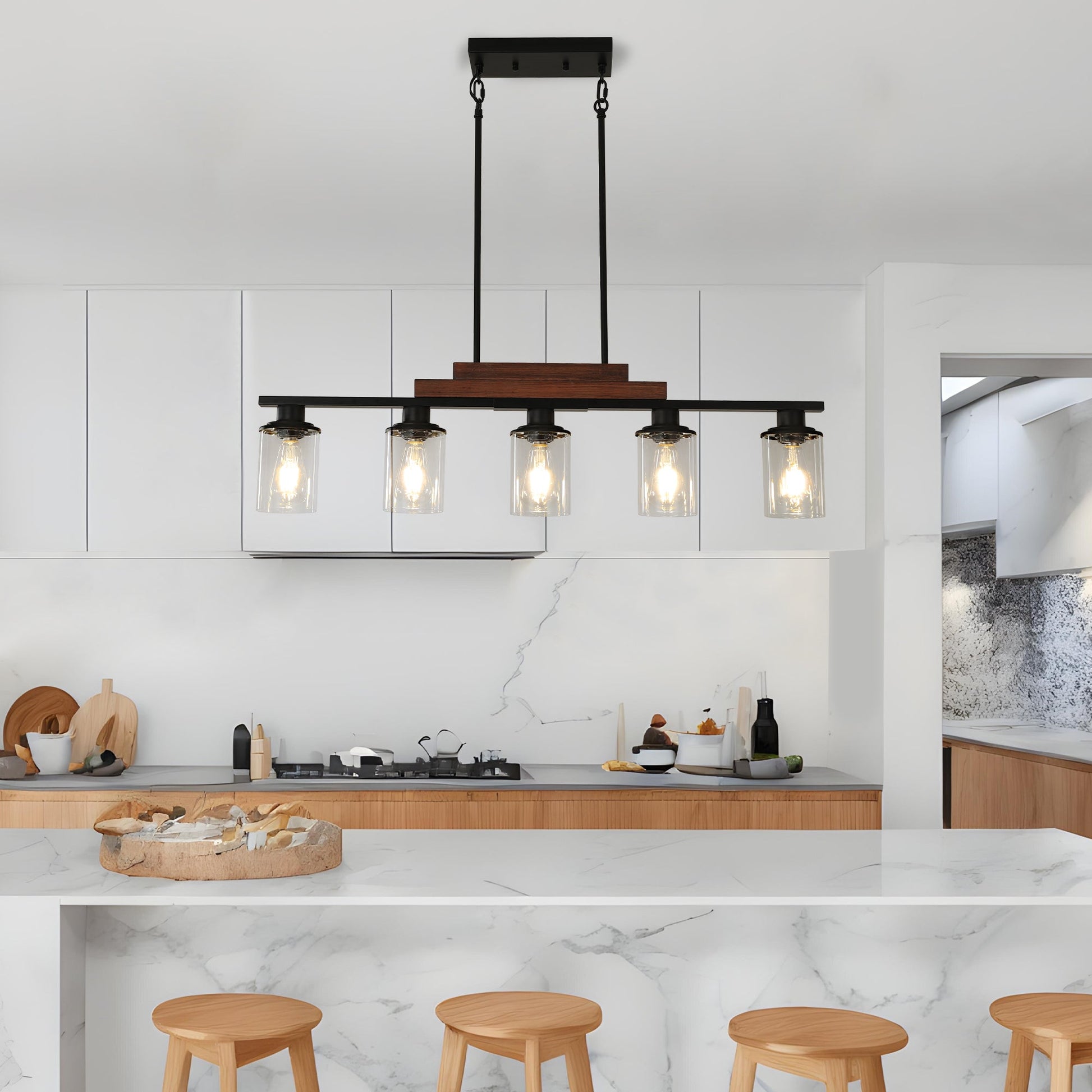37" Farmhouse Industrial 5-Light Kitchen Island Pendant Light, Metal Wood Chandelier with Clear Glass Shades, Adjustable Height Hanging Fixture for Dining Room, Living Room, Kitchen - okeli lights