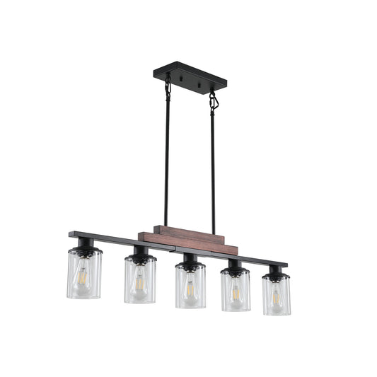 37" Farmhouse Industrial 5-Light Kitchen Island Pendant Light, Metal Wood Chandelier with Clear Glass Shades, Adjustable Height Hanging Fixture for Dining Room, Living Room, Kitchen - okeli lights