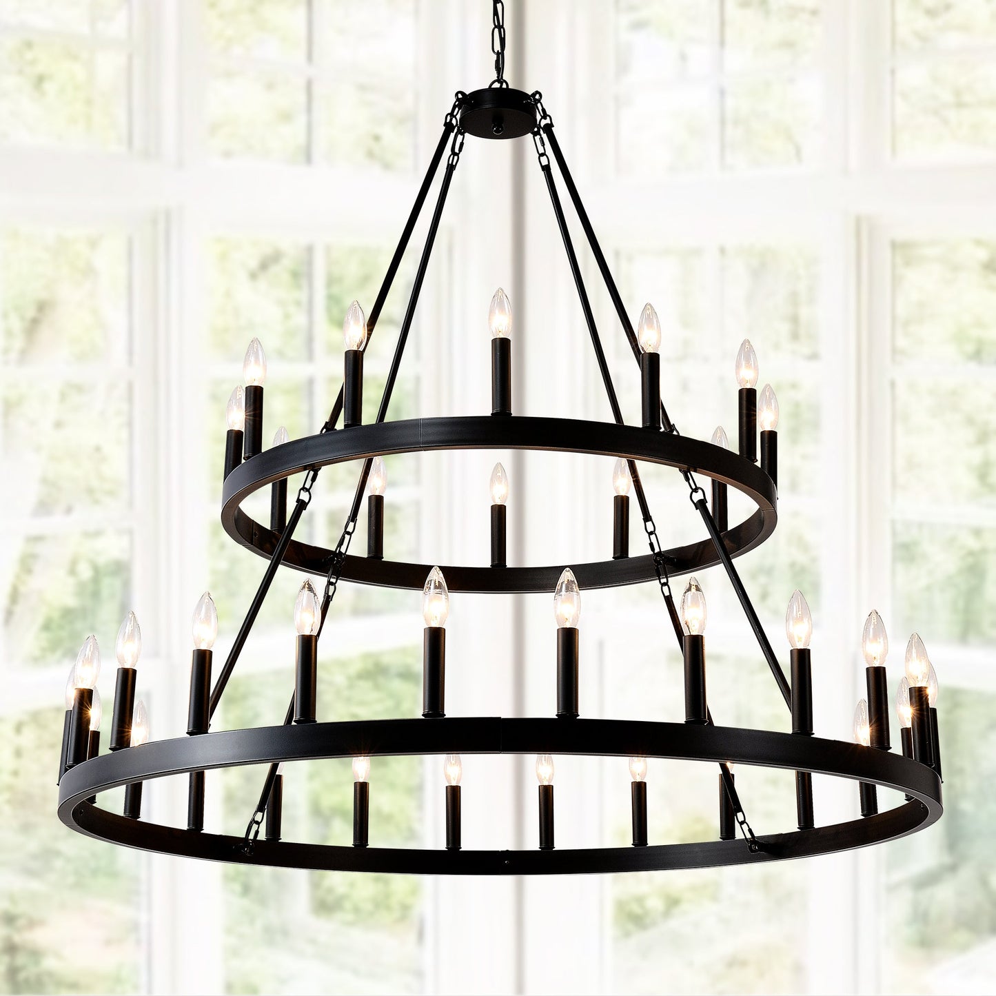Farmhouse Wagon Wheel Chandelier 36-Light Adjustable Height Black Metal for High Ceiling Living Dining Room - okeli lights