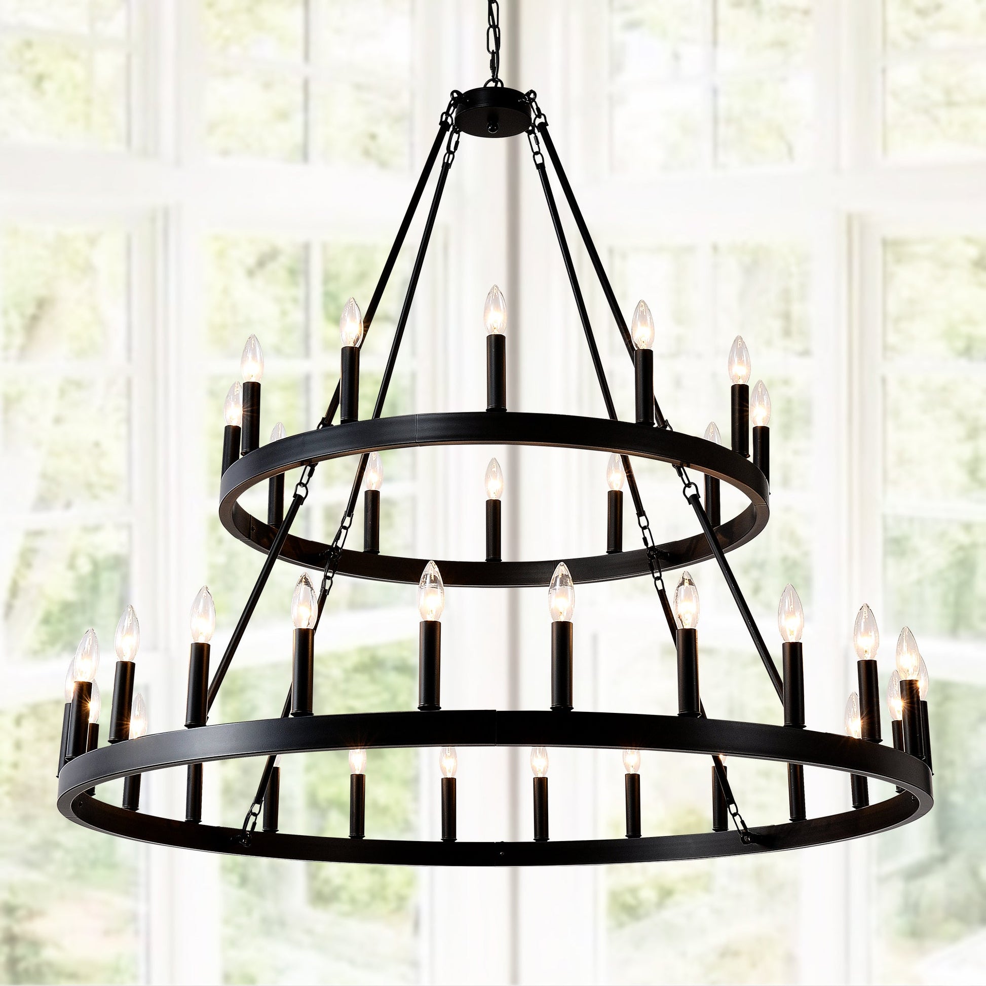 Farmhouse Wagon Wheel Chandelier 36-Light Adjustable Height Black Metal for High Ceiling Living Dining Room - okeli lights