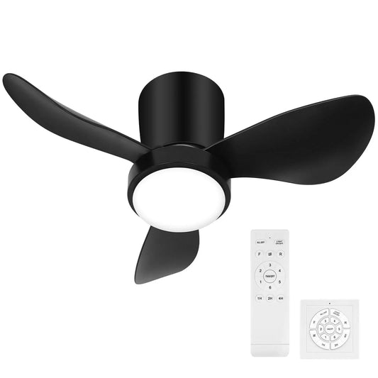 Black Small Ceiling Fan with Lights and Remote Modern Flush Mount LED - okeli lights