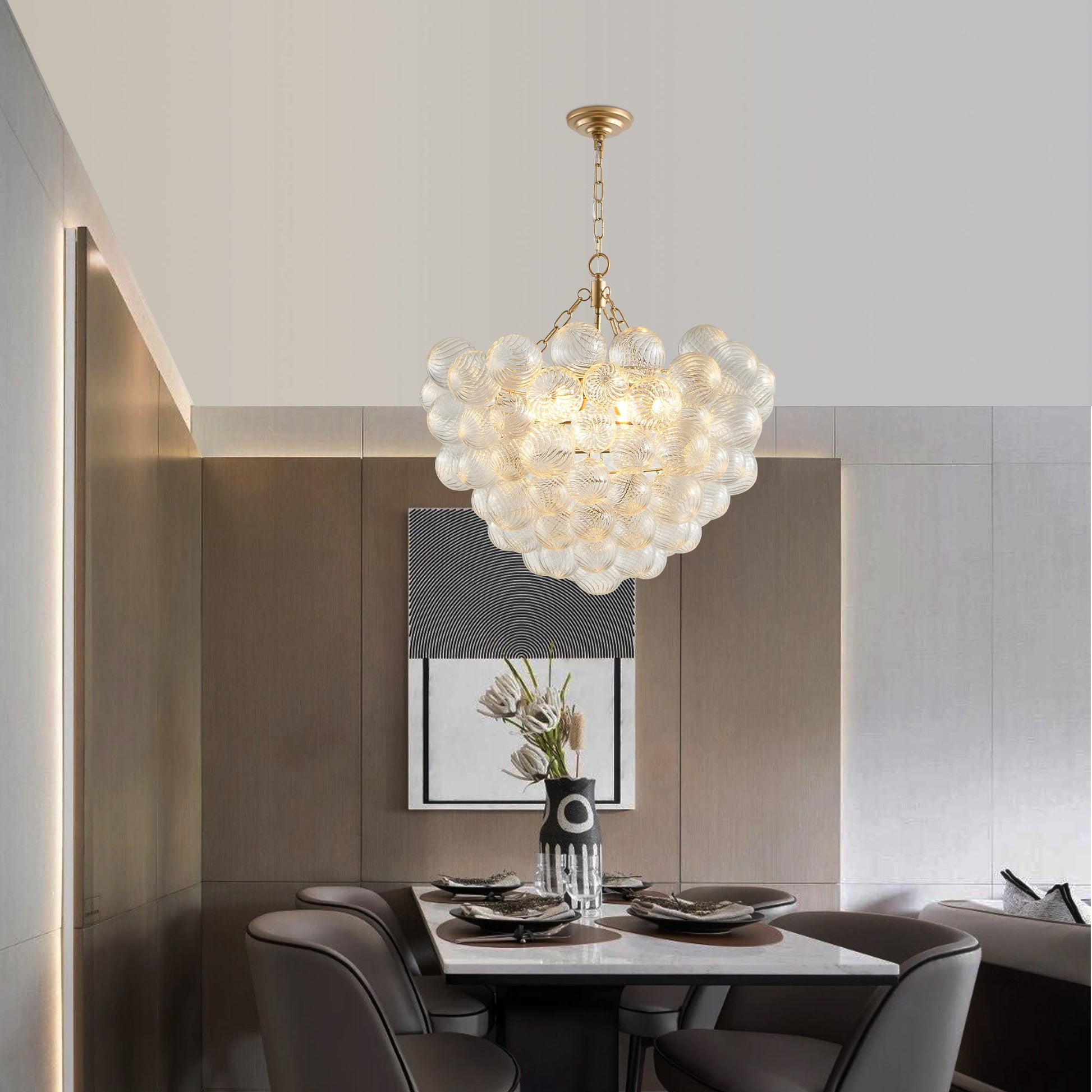 27.5-Inch Gold Pendant Light Chandelier with Threaded Clear Glass Globe Shade – Adjustable Height - okeli lights