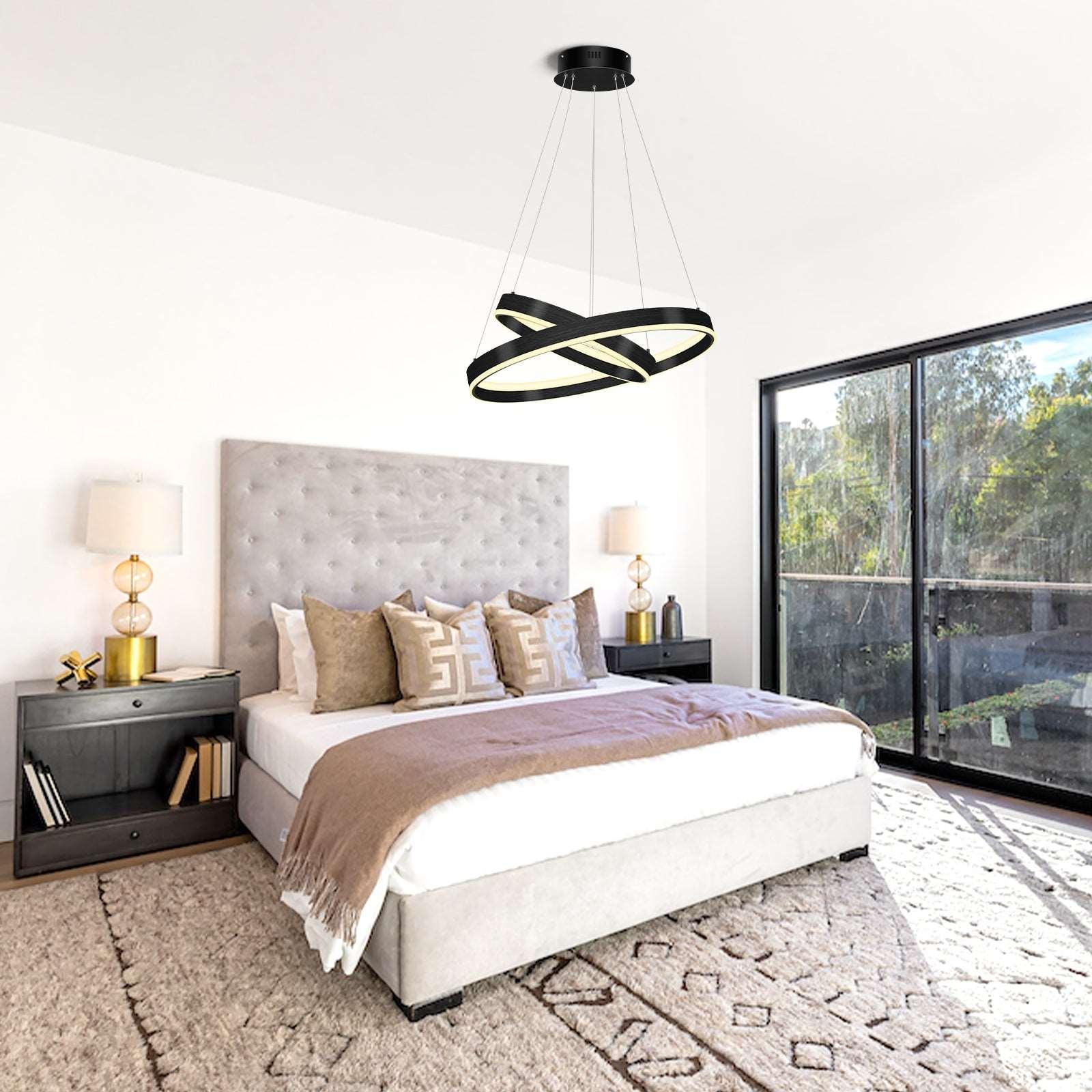 OKELI Modern LED Black Chandelier,Dimmable Circular Pendant Lights 2-Rings - okeli lights