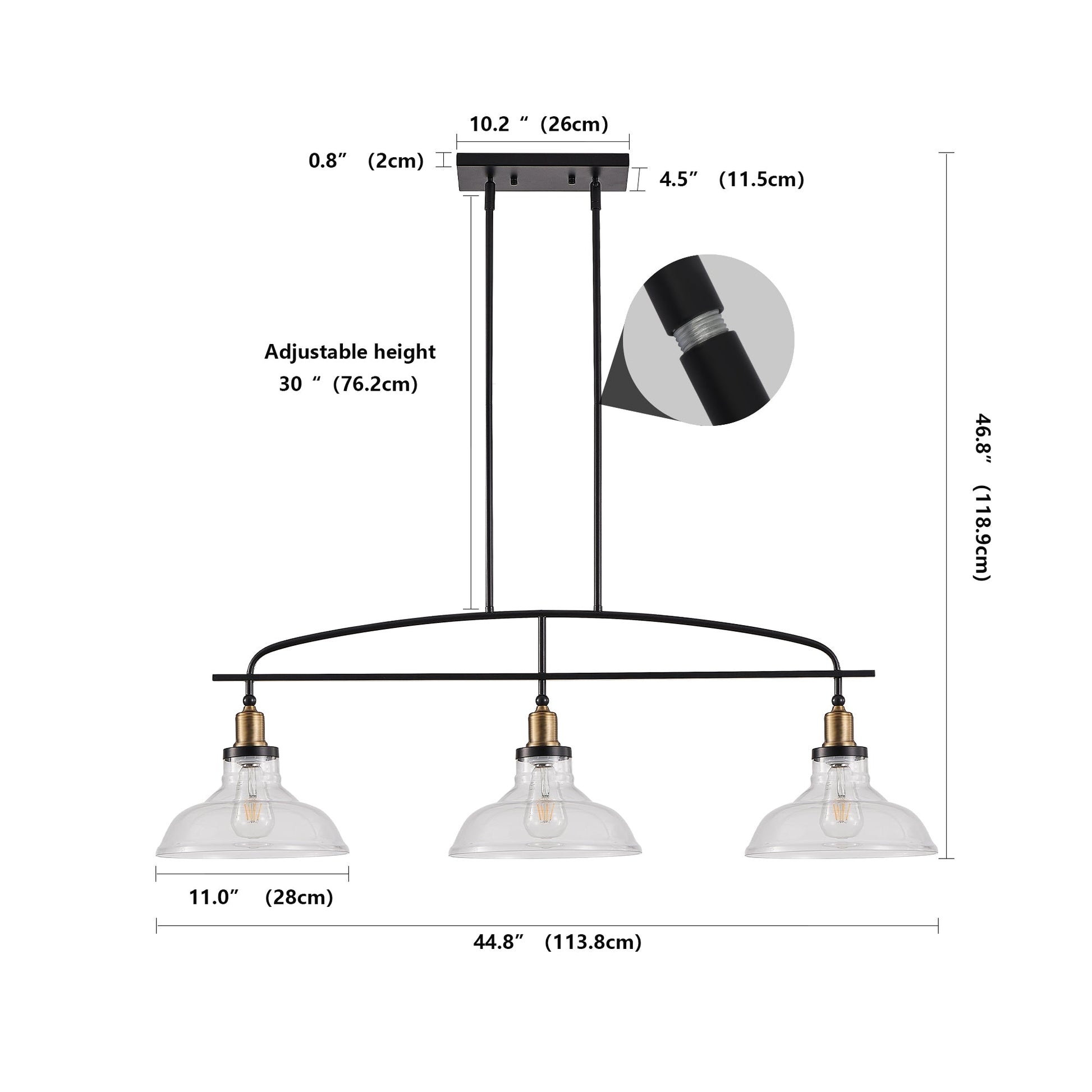 45" Industrial 3-Light Pendant Chandelier with Clear Glass Shades, Adjustable Height, Farmhouse Lighting - okeli lights