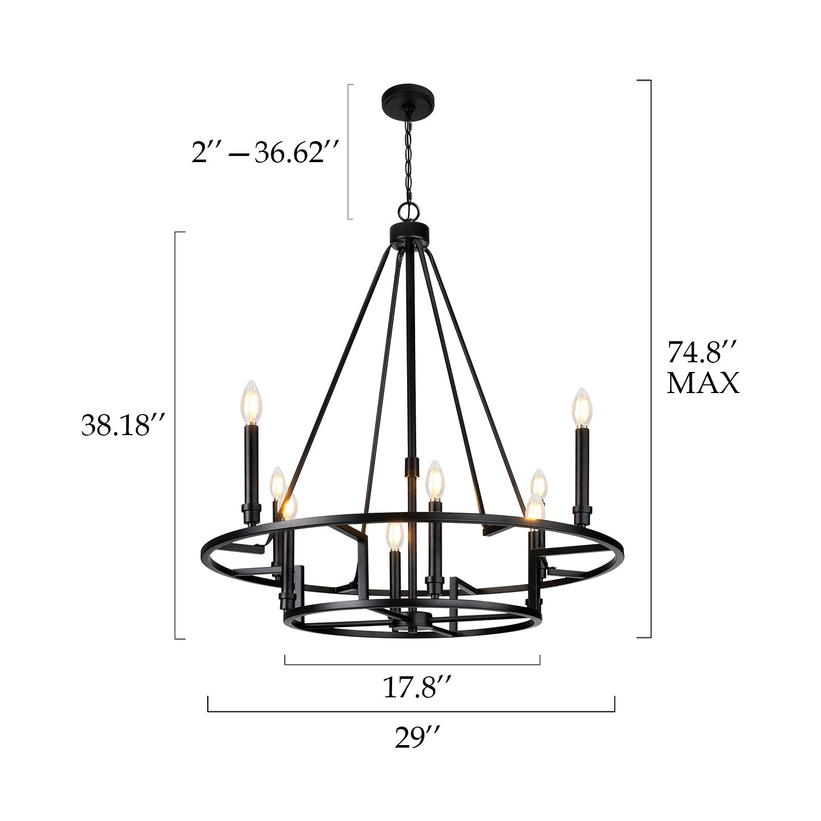 Matte Black Wheel Dimmable Chandelier 2Tier 8Lights Height Adjustable Wagon Wheel Lighting - okeli lights Black chandelier with dimensions indicated on a white background