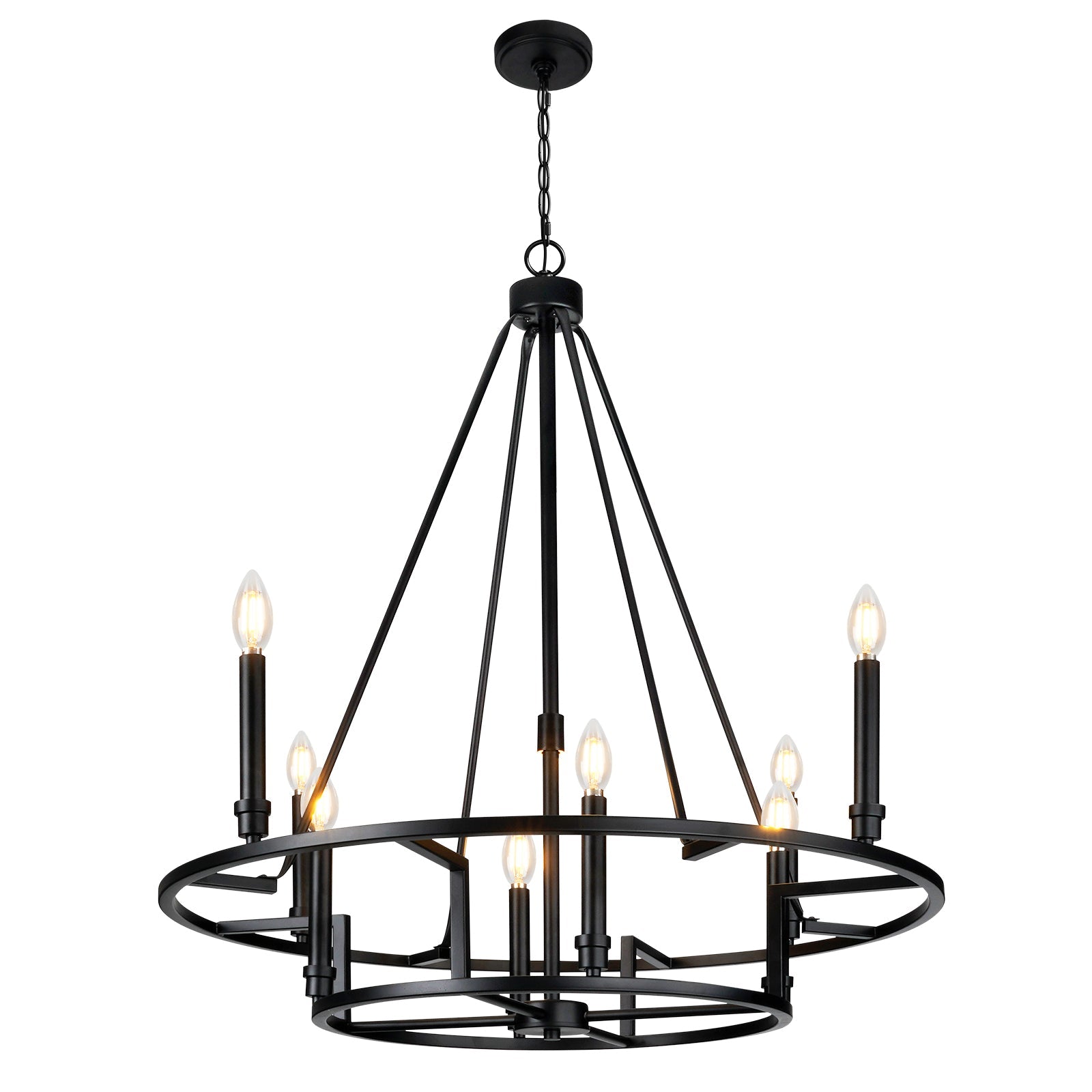 Matte Black Wheel Dimmable Chandelier 2Tier 8Lights Height Adjustable Wagon Wheel Lighting - okeli lights