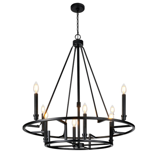 Matte Black Wheel Dimmable Chandelier 2Tier 8Lights Height Adjustable Wagon Wheel Lighting - okeli lights